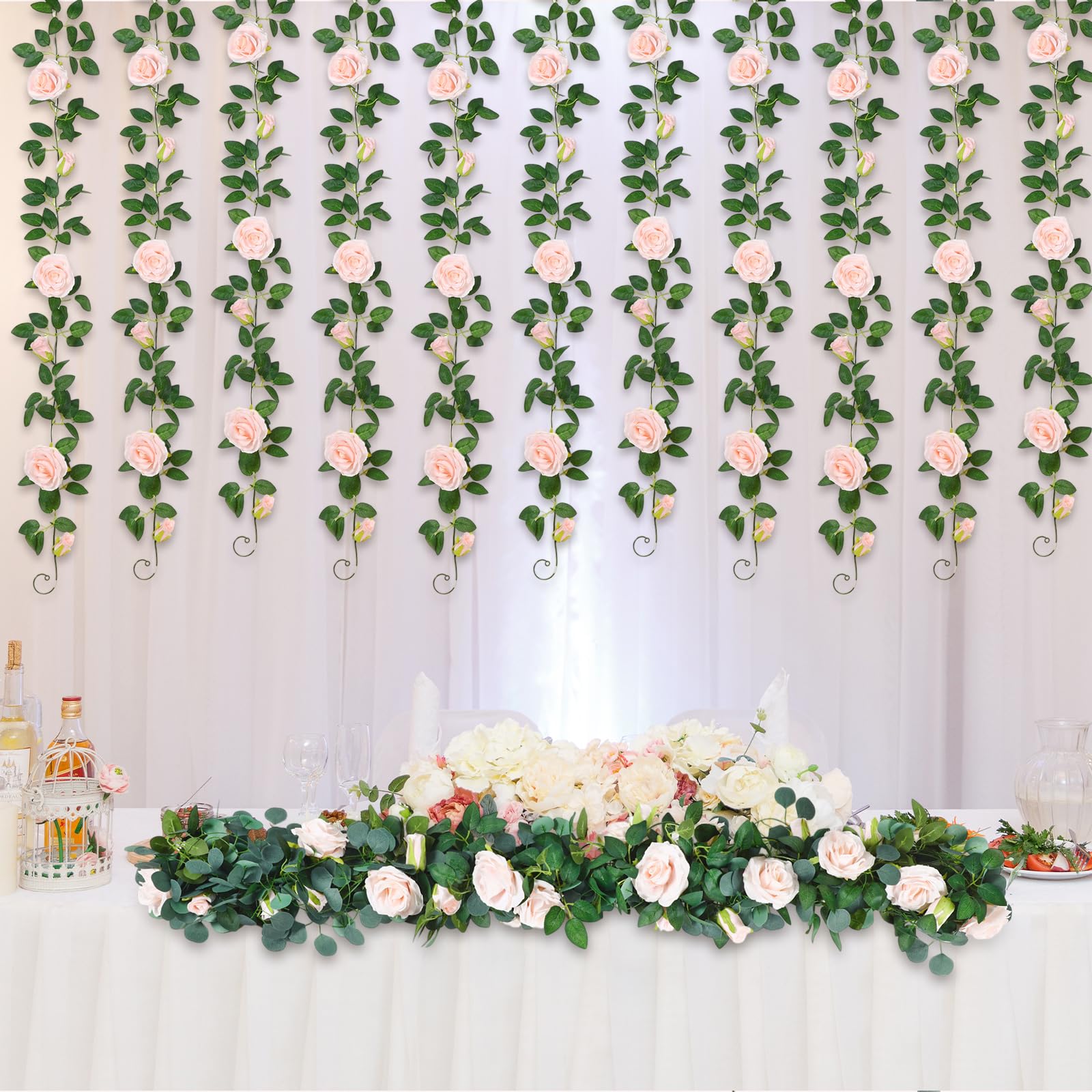 Künstliche Rosenranken-Girlanden, insgesamt 150 m, Silber-Dollar-Eukalyptus-Girlande mit Weidenblättern, künstliche Reben für rustikale Hochzeit, Babyparty, Tisch, Kaminsims, Heimdekoration, 10