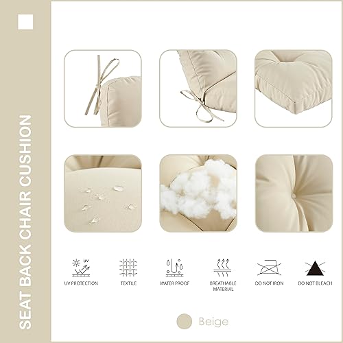 Miniatura 3 de Cojín copetudo para asiento y respaldo de interiores al aire libre, cojín para silla de patio para todo tipo de clima con lazos, para muebles de