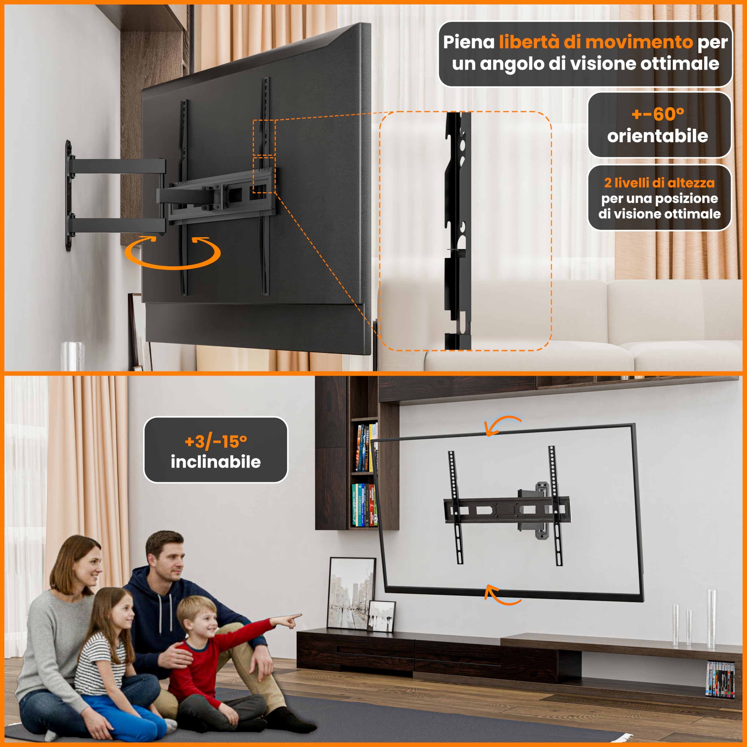 EasyLife TV Supporto da Parete FlexMount E70 Single 37–70 Pollici – Girevole, Inclinabile, Design a 1 Braccio, VESA 600x400, Capacità 35KG – Supporto TV per LED, LCD, OLED, 4K con Gestione Dei Cavi