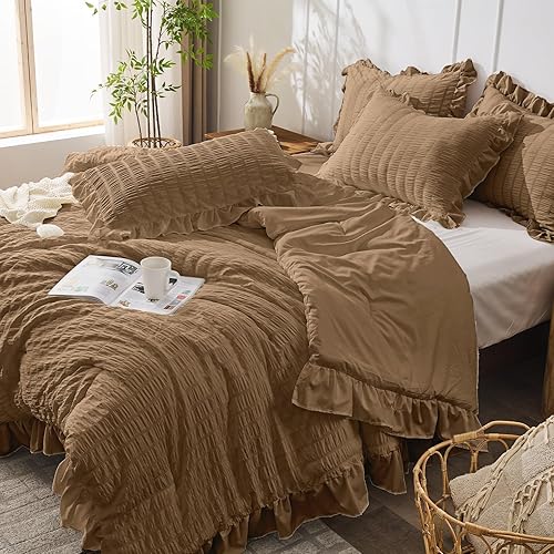 Miniatura 210 de JOLLYVOGUE - Juego de edredón tamaño queen, de 3 piezas, estilo seersucker, ligero y esponjoso para todas las estaciones, con 1 edredón con volantes