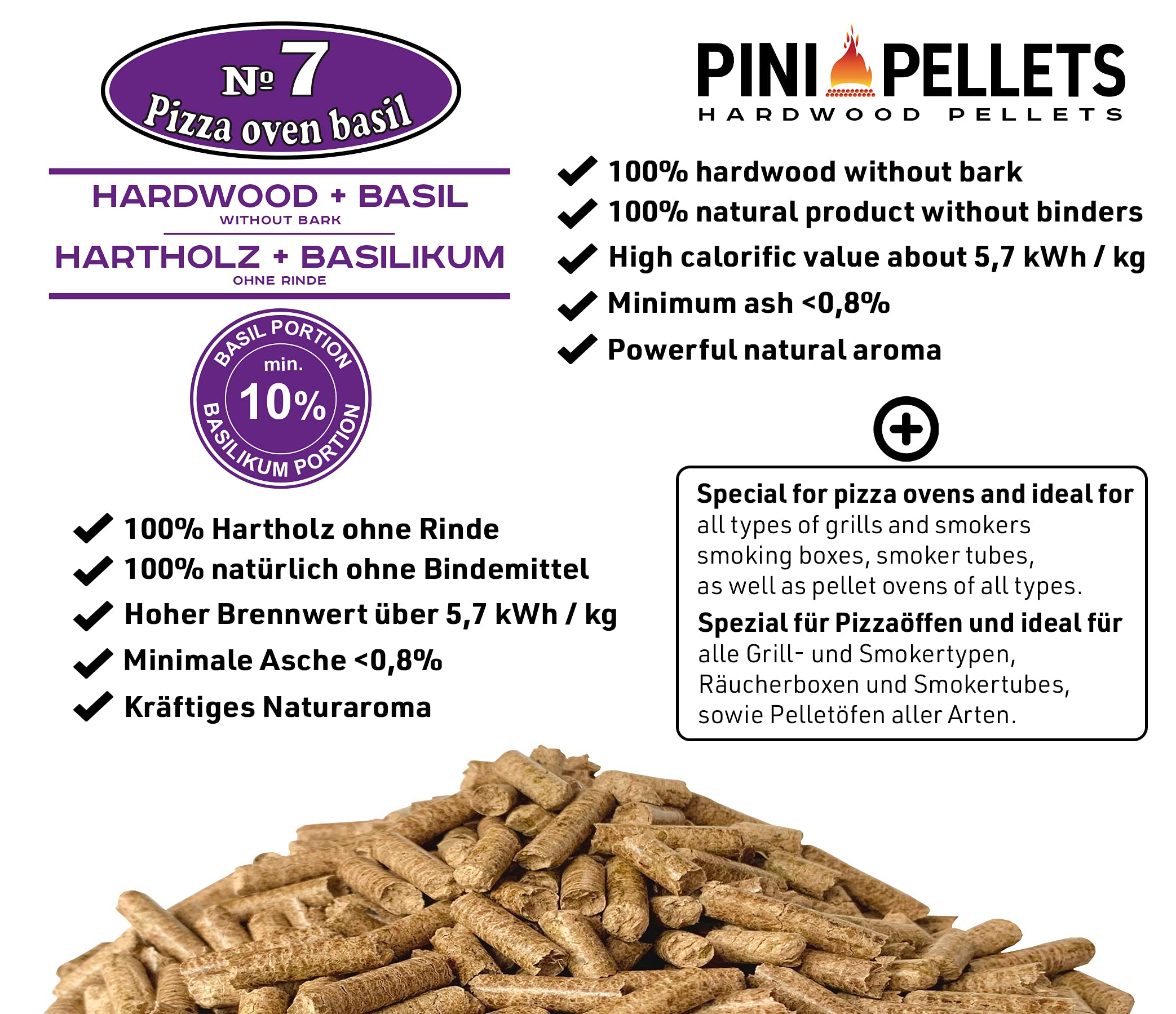 PINI Pellet di legno duro № 7 BBQ Pizza Oven Basilico 10 kg Pellet per barbecue affumicatura affumicatura