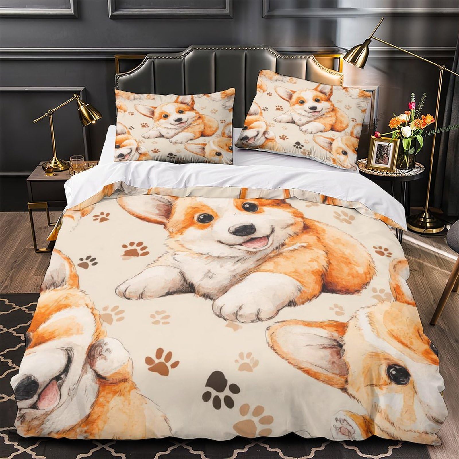 Parure de lit chiot corgi housse de couette 135x200cm pour décorer une chambre de couple