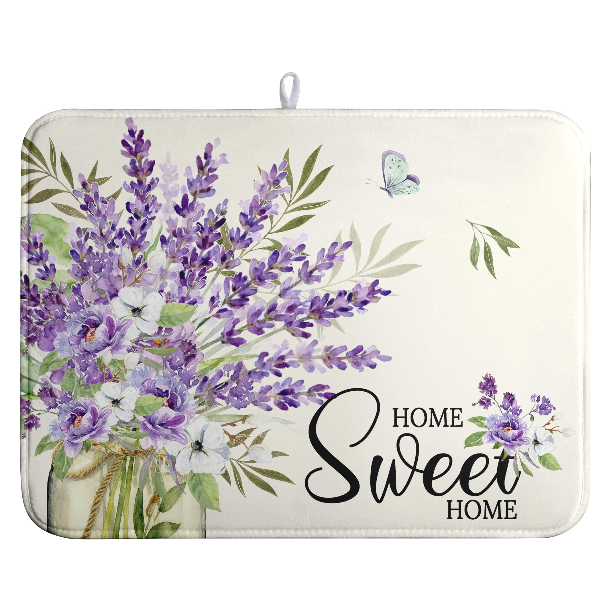 Spring Lavender Floral Dish Drying Mats Spring Summer Dish Mat Purple Flowers Butterfly Drying Matt Dishes Dryer Pad for Kitchen Counter Absorbent Microfiber Washable Foldable Reusable 18x24 in