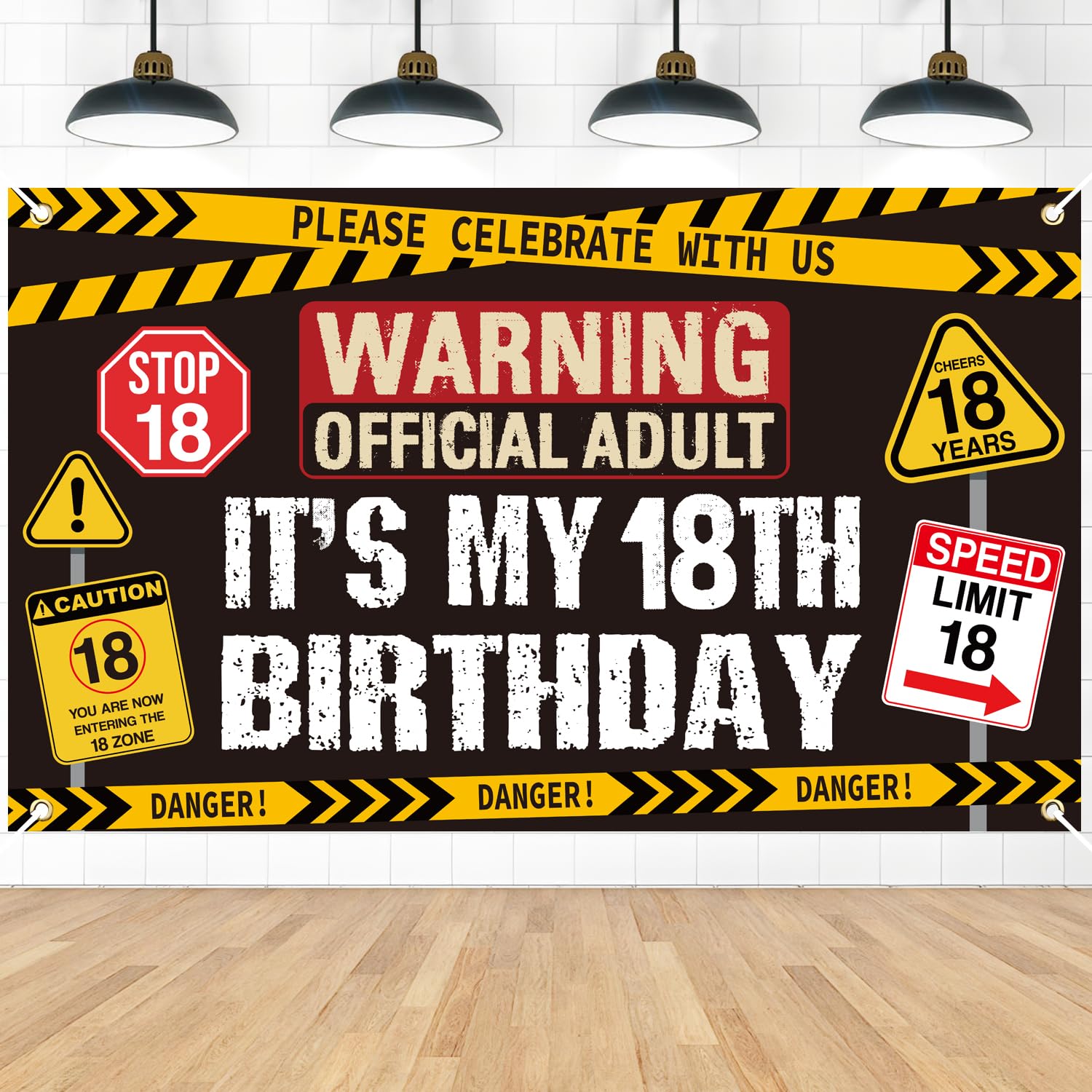 Eiapadeor 18th Birthday Decorations Banner Backdrop, Warning Signs Banner — image 1