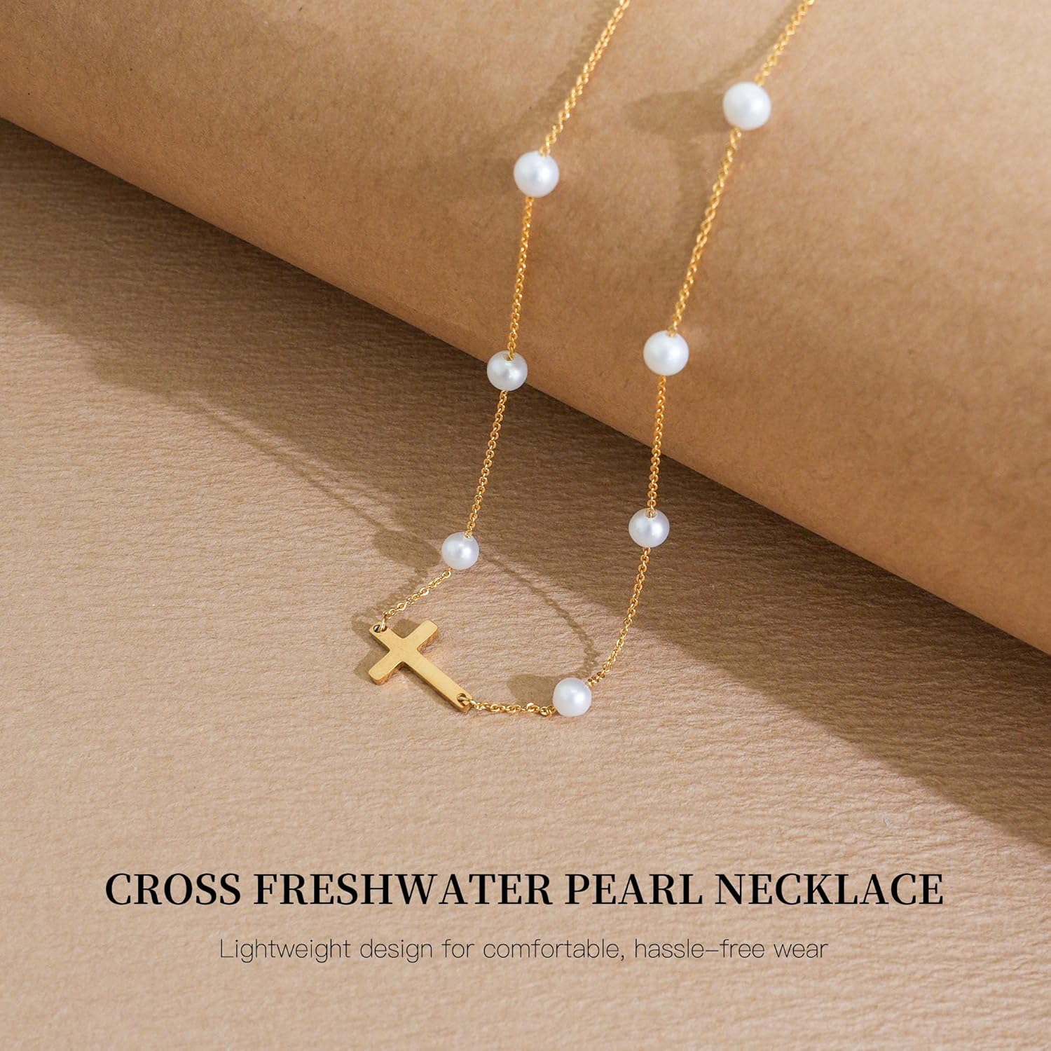 IDOKAWA Cross Pearl Choker Necklace for Women, Dainty Gold Starburst Cross Necklace with Freshwater Pearls, Gold Plated Cable Chain, Adjustable Minimalist Faith Jewelry for Daily Wear & Gifting