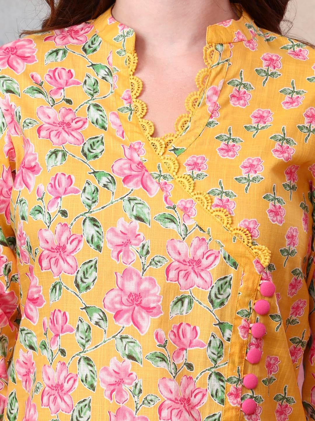 Tissu Women's Cotton Slub Yellow Floral Printed Kurta with Trouser Pant