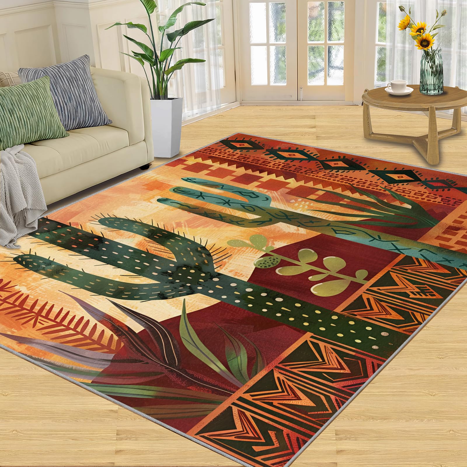 Tapis western pour salon, chambre à coucher, motif cactus aztèque, intérieur lavable, antidérapant et à poils courts - 150 x 180 cm