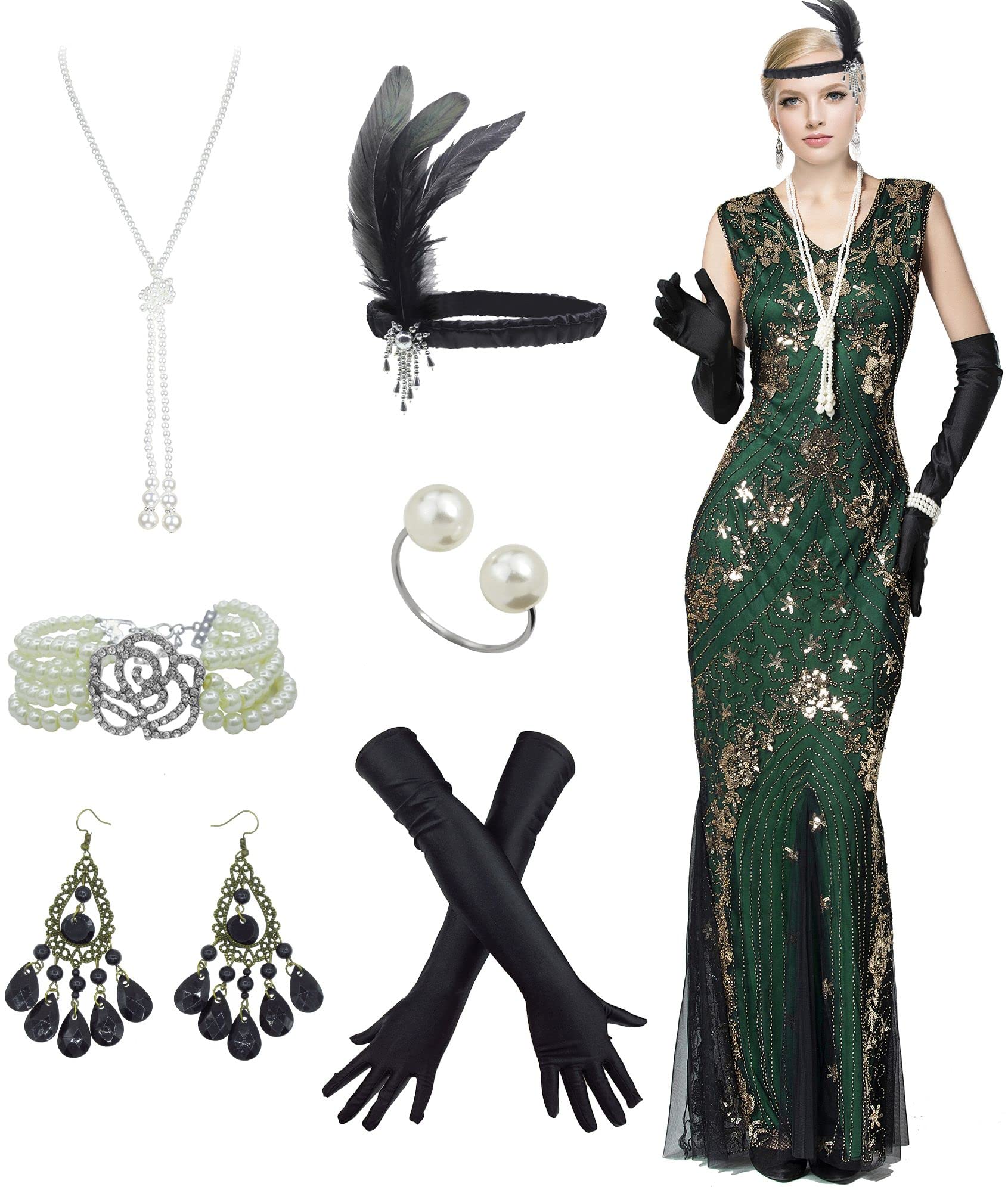 Women Evening Dress 1920s Floral Sequin Mermaid Hem Maxi Long Formal Ball Gown with 20s Accessories Set (3X-Large, Style Green Gold)