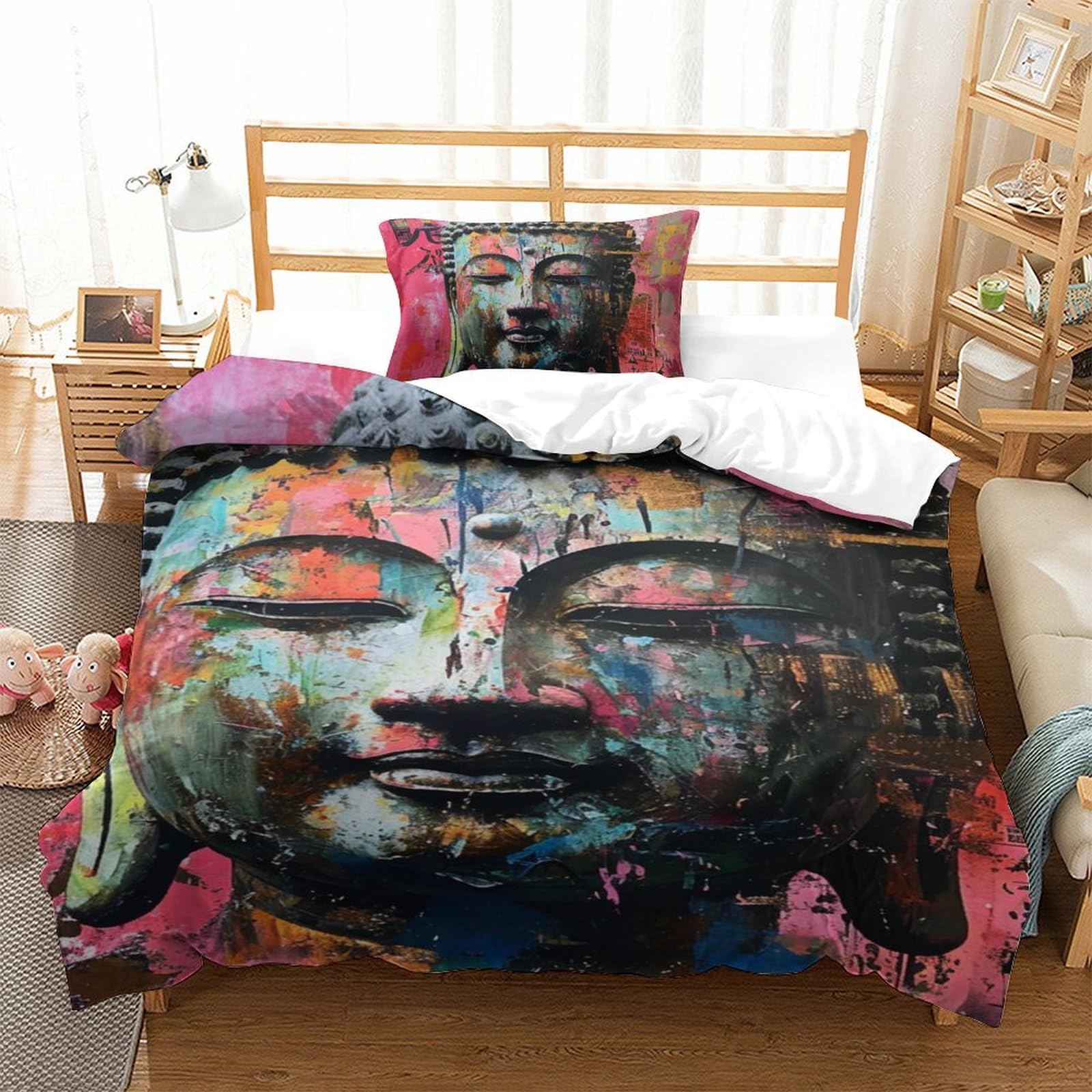 Housse de couette Bouddha en microfibre respirante et super douce, ensemble lit simple 135x200