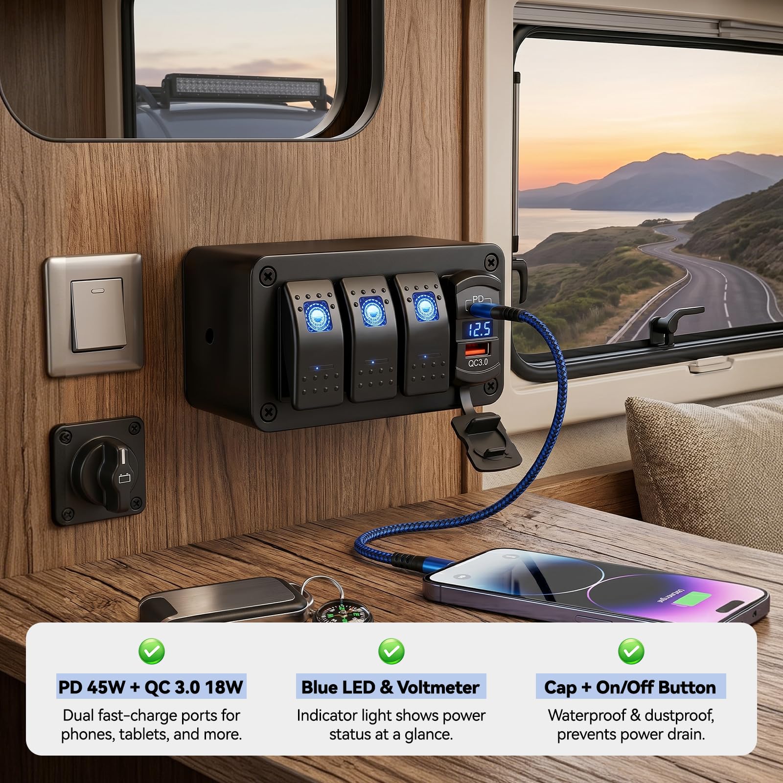 Panel de interruptor basculante de 3 marchas, 12 V/24 V, resistente al agua, con voltímetro digital PD tipo C y QC3.0, puerto de carga, para RV, marino, barco, coche, camión