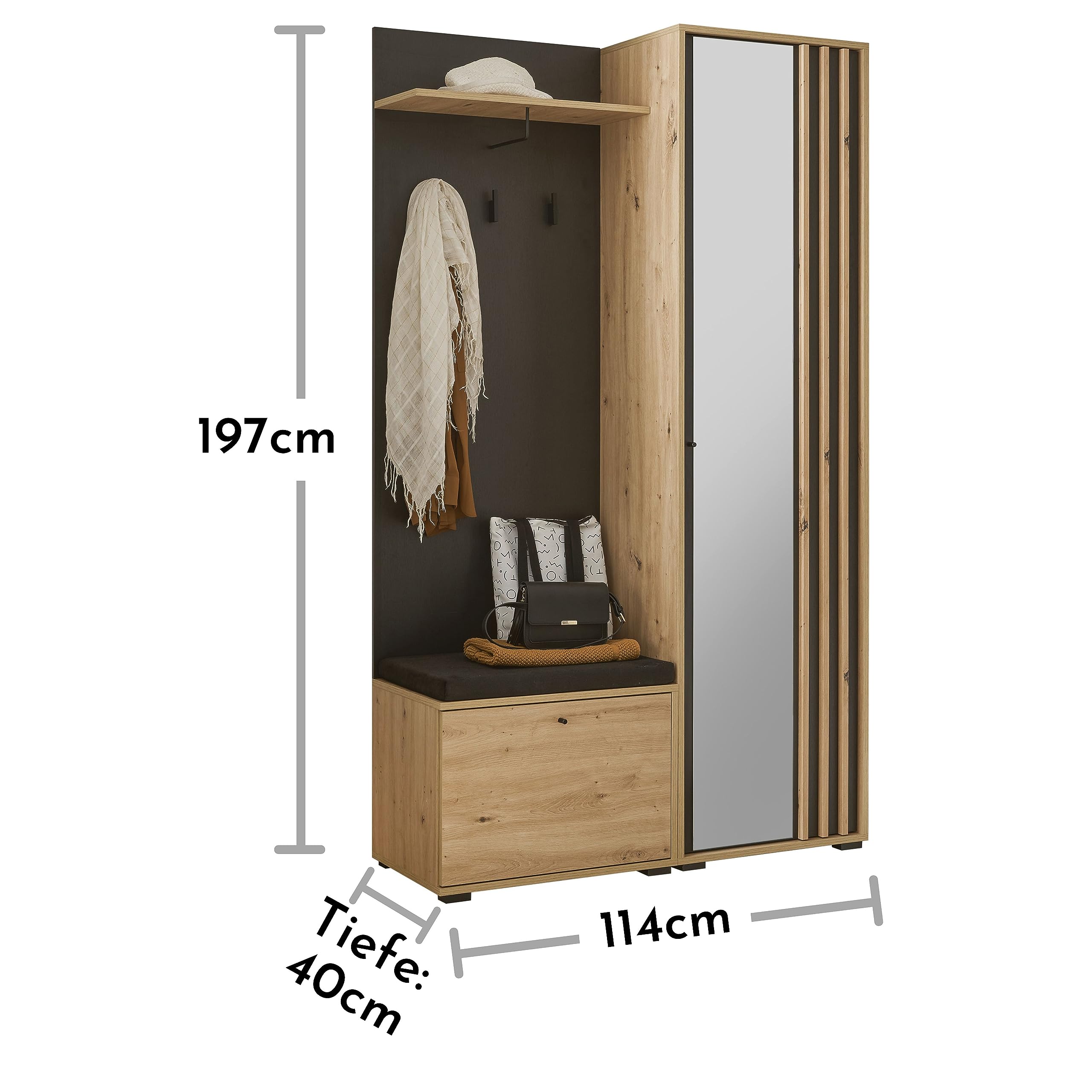 Stella Trading VOLANO Flurgarderoben Set in Artisan Eiche Optik, Schwarz - Moderne Kompaktgarderobe mit Spiegel für Ihren Eingangsbereich - 114 x 197 x 40 cm (B/H/T)