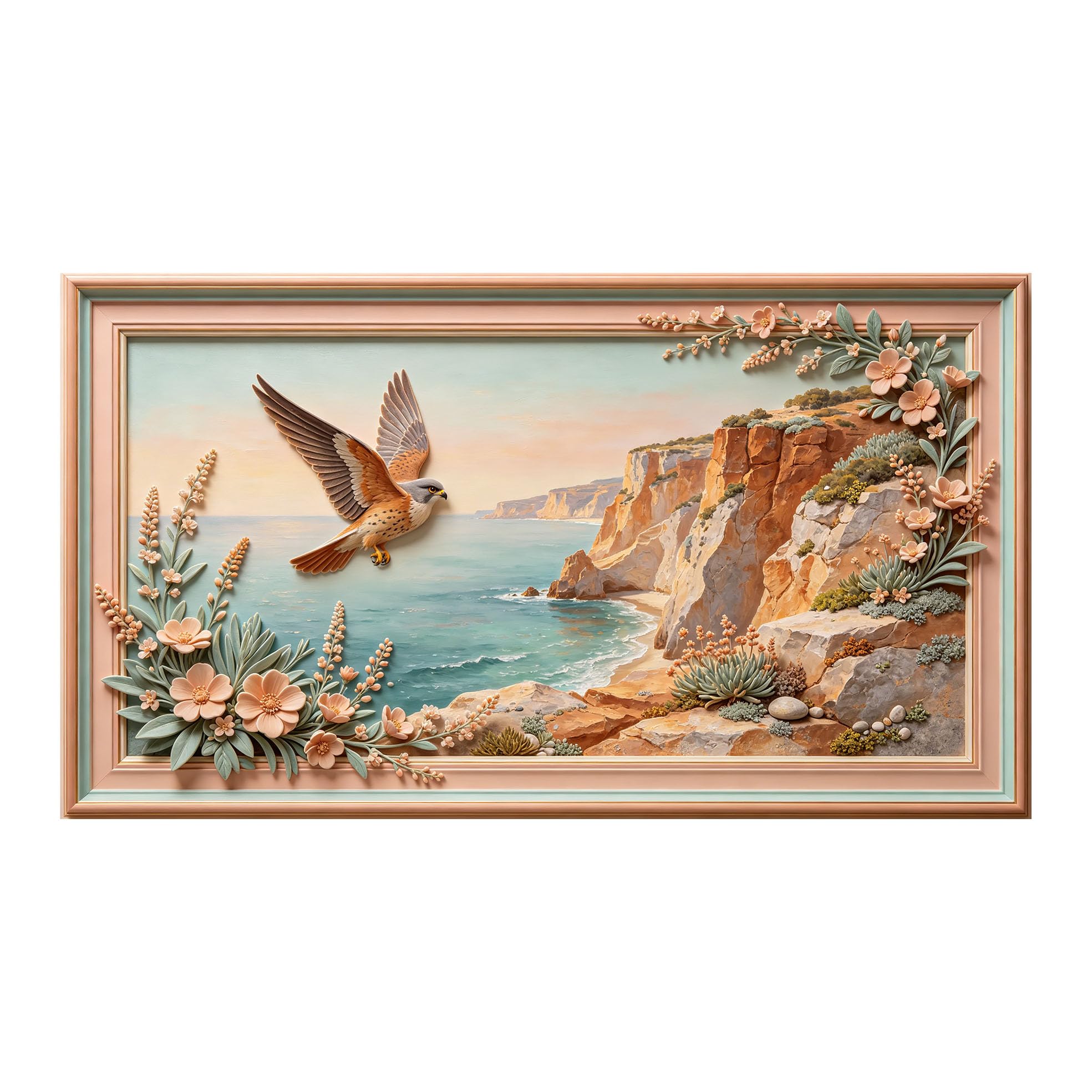 Yzpallescene 3D 3D Framed Wall Art 50cm×90cm Coastal Cliff Seascape Bird Floral Relief Effect Large Size SelfAdhesive Removable Wall Decor Prints Artwork for Living Room Bedroom Office