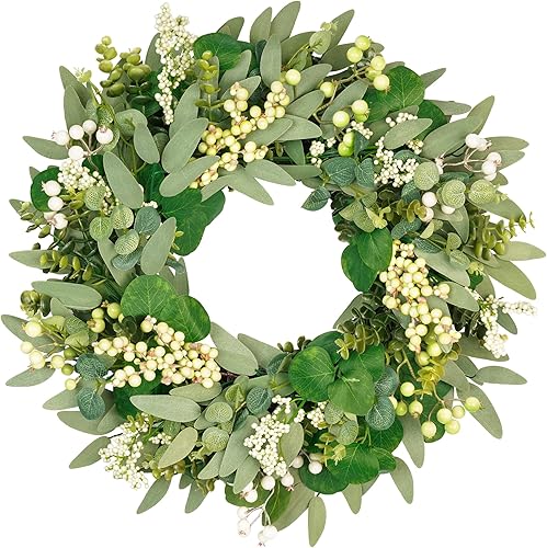 Miniatura 8 de Vlorart Coronas Artificiales de Primavera y Verano de Navidad de Vegetación Verde para Puerta Delantera Corona de Hojas de Eucalipto Verde