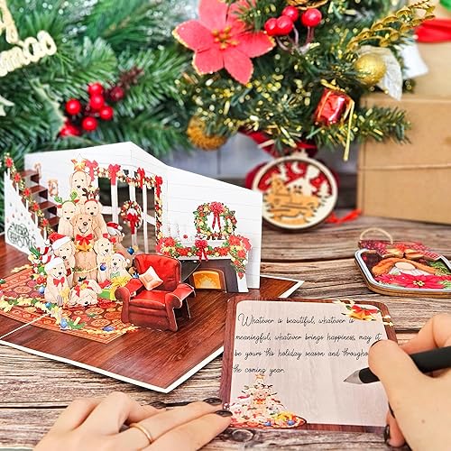 Miniatura 3 de By 22CRAFT - Tarjetas de Navidad desplegables, tarjeta de felicitación de Navidad dorada 3D, tarjeta desplegable de perro de 6 x 8 pulgadas para
