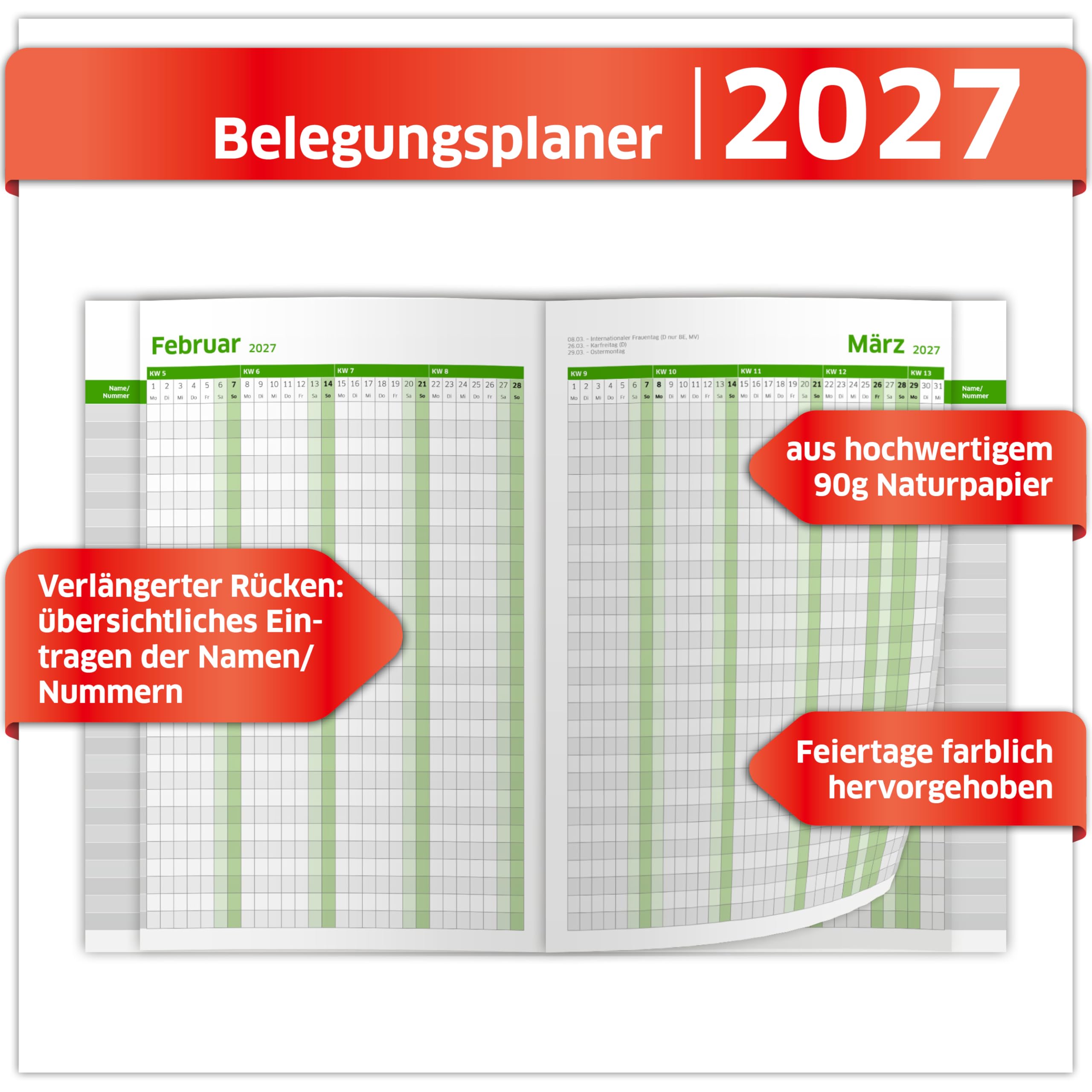 PRIMUS PRINT Belegungsplan 2026+2027 Personalplan Urlaubsplaner Dienstplan | für Firmen, Hotels, Gastronomie, bis zu 30 MA/Tische/Buchungen, inkl. Feiertage und Ferien - 210x295mm - (3x 2027)