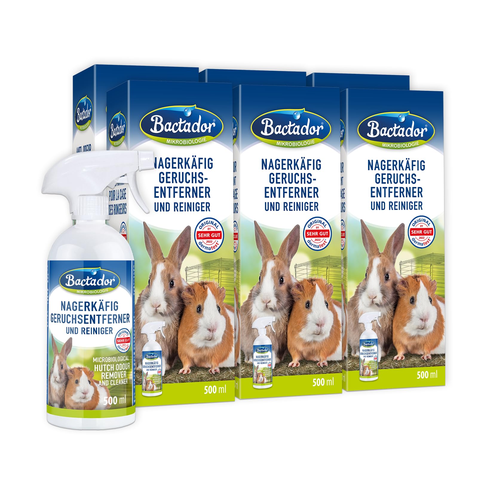 Bactador Enzymreiniger Nagerkäfig Spray 6 x 500ml - Geruchsentferner & Reiniger - Gegen Kot, Urin & Tiergerüche - Mikrobiologischer Geruchsneutralisierer - Porentiefe Reinigung in der Nagerumgebung