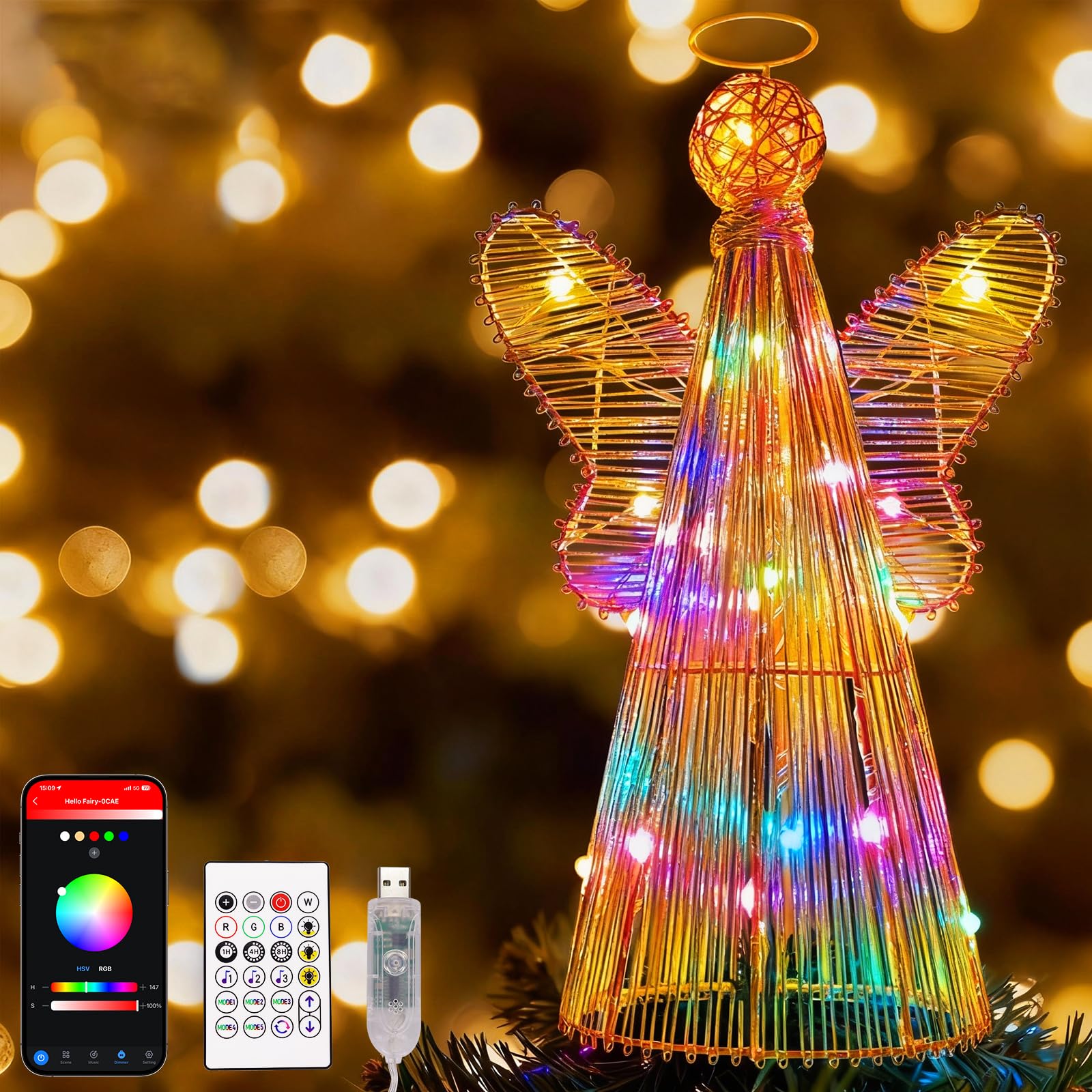Estrella inteligente para árbol de Navidad, decoración de árbol de ángel de 12 pulgadas, 80 modos de iluminación, flash multicolor / sólido, aplicación y control remoto, sincronización de música