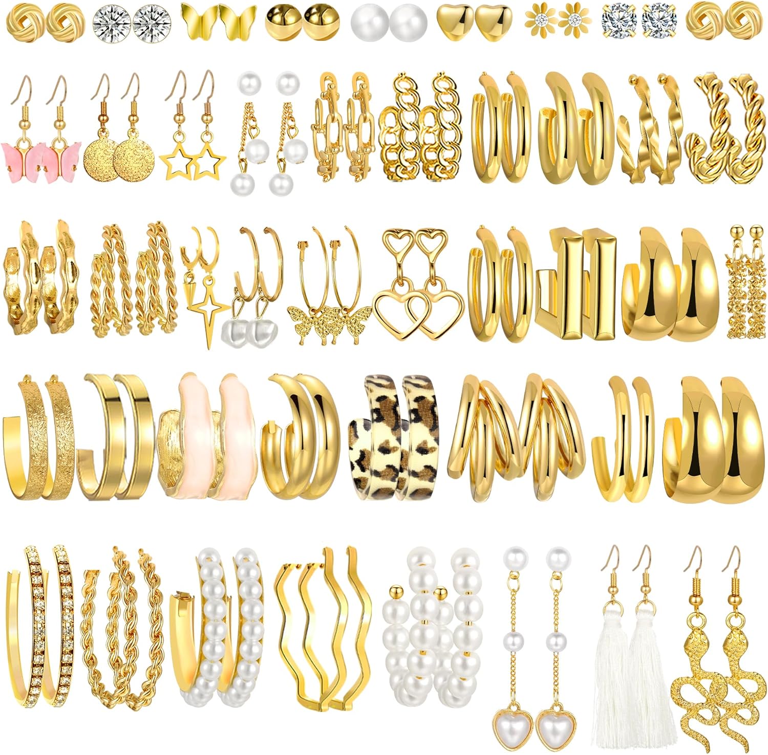 46 Pairs Gold Hoop Earrings Set for Women, Fashion Hypoallergenic Chunky Twisted Pearl Stud Earrings Multipack, Small Big Hoops Earring Packs Trendy for Christmas Birthday Party Jewelry Gift
