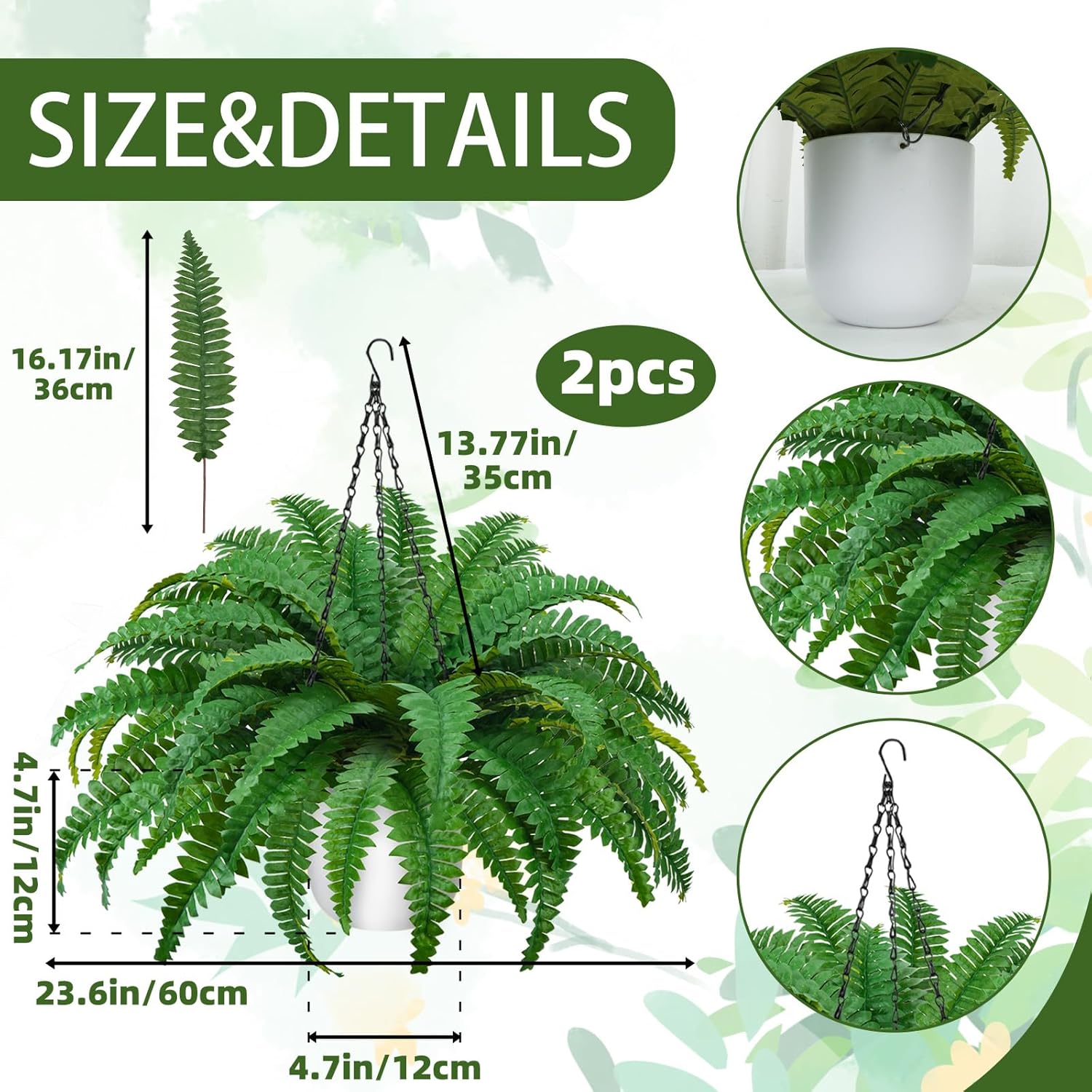 2Pack Artificial Boston Ferns Hanging Plants 23.6'' Fake Silk Fern 50 Leaves That Look Real in Pots for Outdoors & Indoor Faux Potted Plant for Home Porch Patio Garden Decor - Image 3