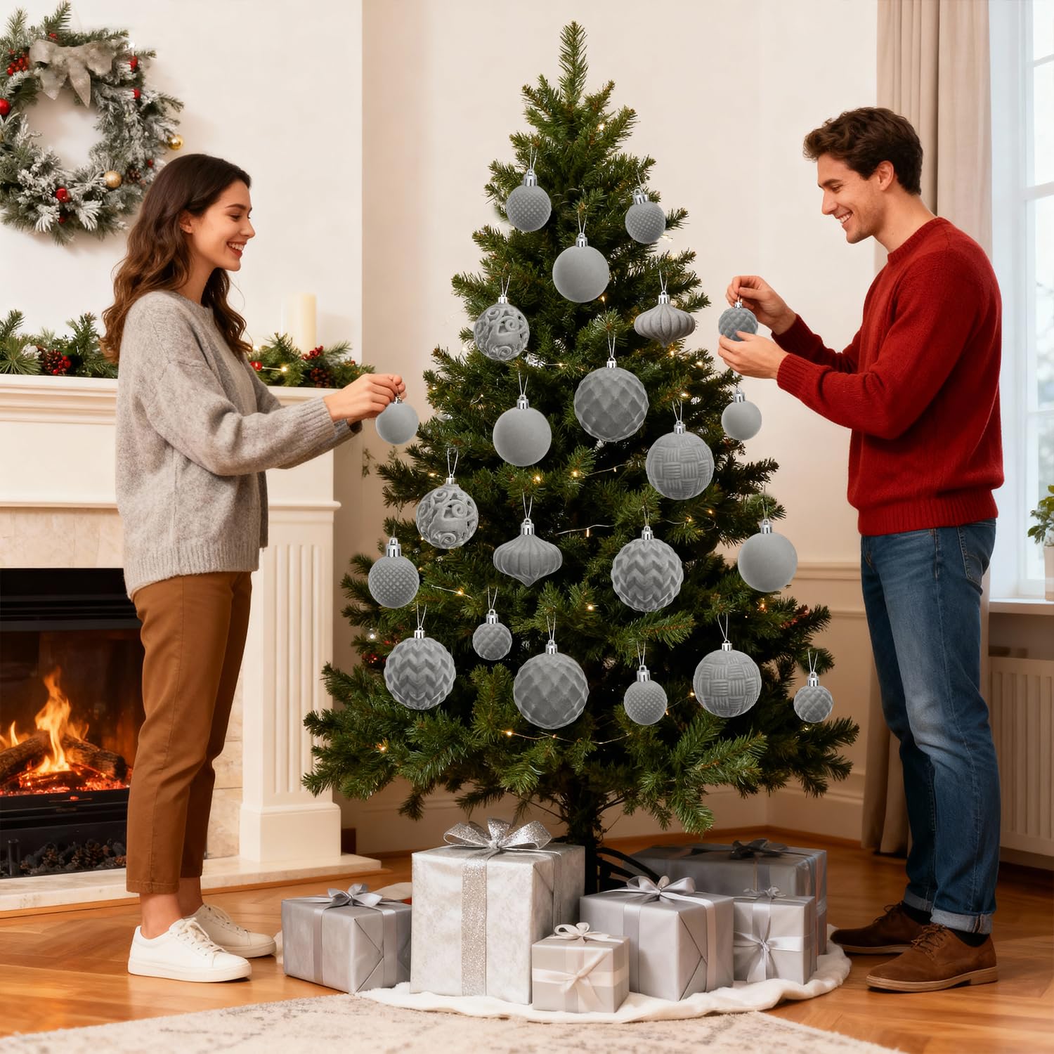 Artmag Samt-Weihnachtskugel-Set, 46 Stück, bruchsicher, beflockt, Kunststoff, verschiedene Größen für Weihnachtsfeiertage, Dekoration, Grau