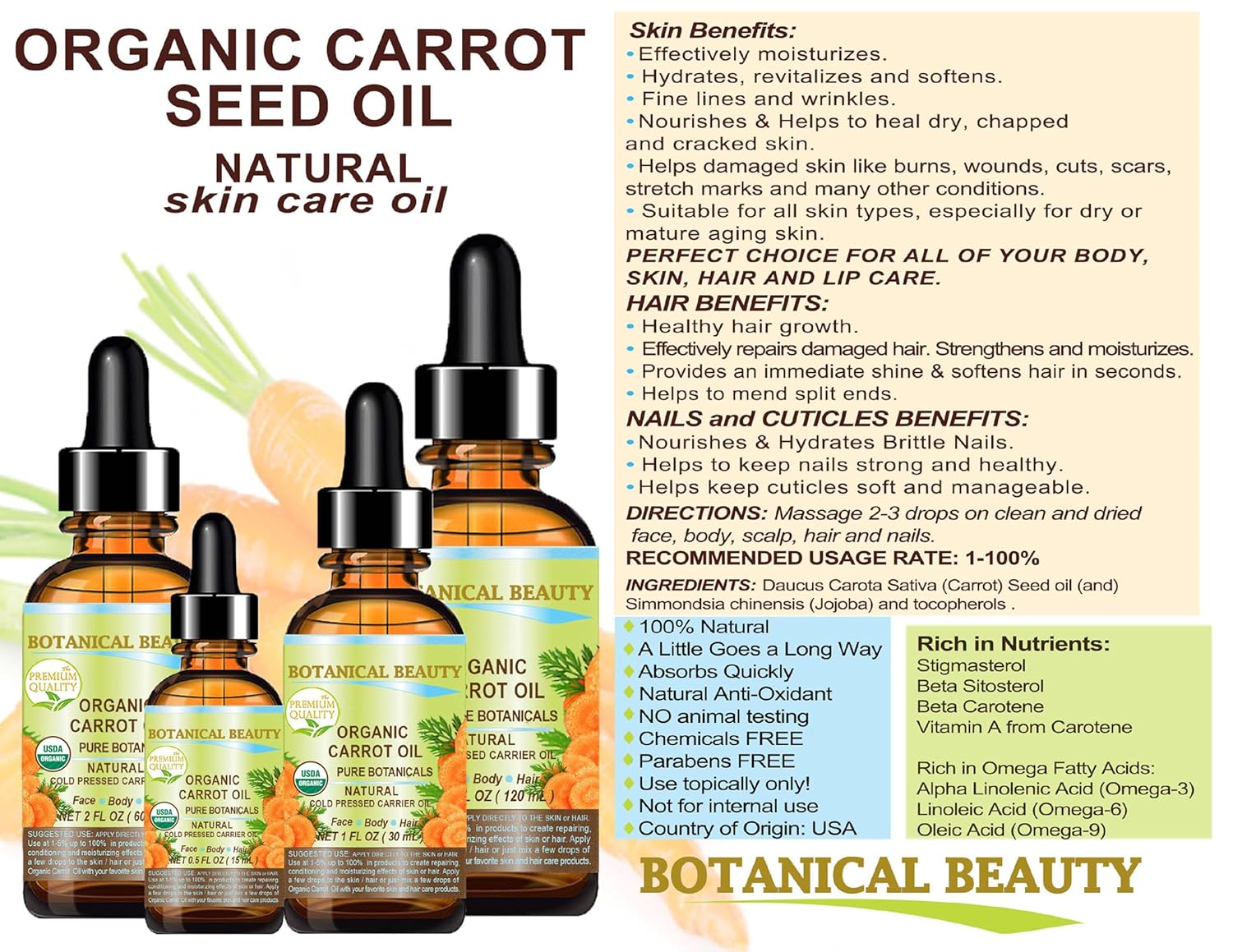 Botanical Beauty Organic CARROT SEED OIL 100% Pure VIRGIN UNREFINED Undiluted Cold Pressed Carrier Oil for Face, Skin, Body, Hair, Lip, Nails. Rich in Beta Carotene, Vitamin E (0.5 Fl Oz) - Image 6