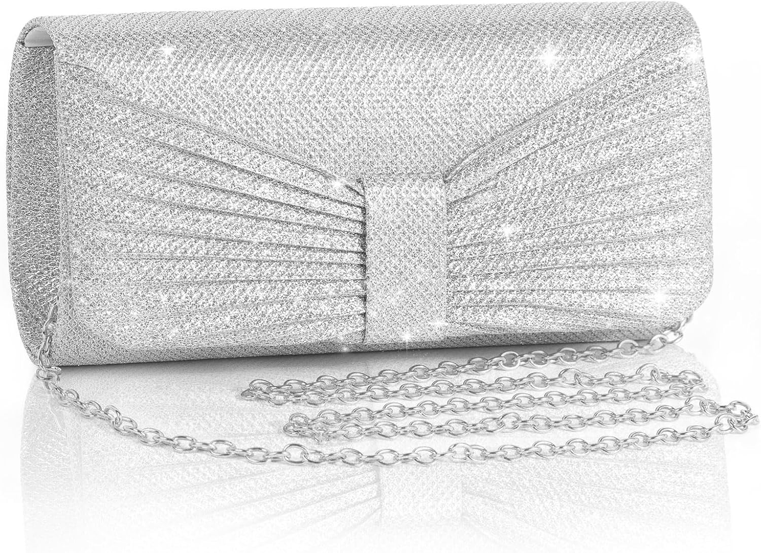 Eidsefe Evening Bag Clutch Purses for Women, Rhinestones Purse, Sparkling Envelope Evening Bag with Detachable Chain Bow （Silver）