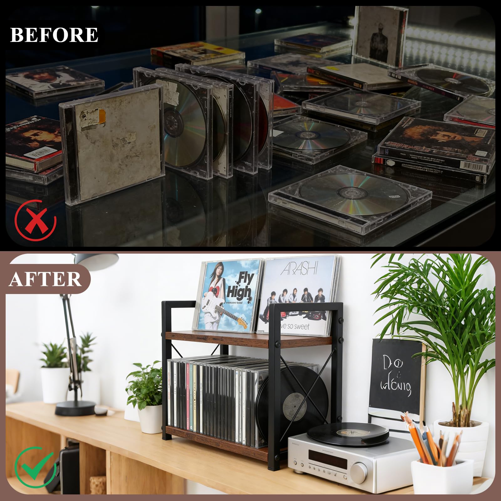 Estante de almacenamiento de CD de 2 niveles para encimera de exhibición de DVD de madera con estante superior de exhibición para el hogar, oficina, sala de estar, cocina, entusiastas de la música