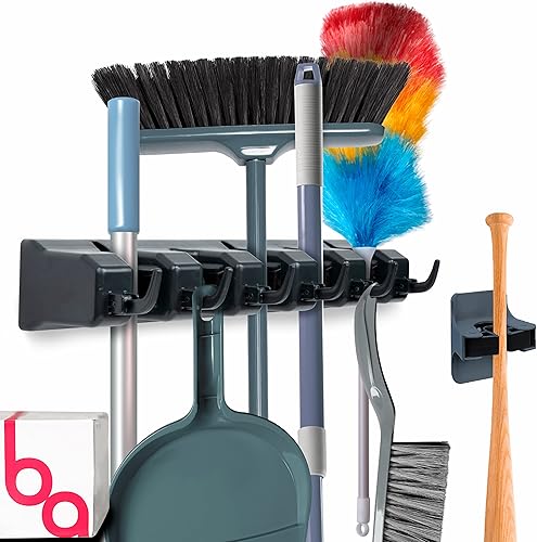 Soporte para escobas de 5 ranuras y soporte autoadhesivo para 1 trapeador, no taladro, montaje en pared, organizador para cocina, cochera,