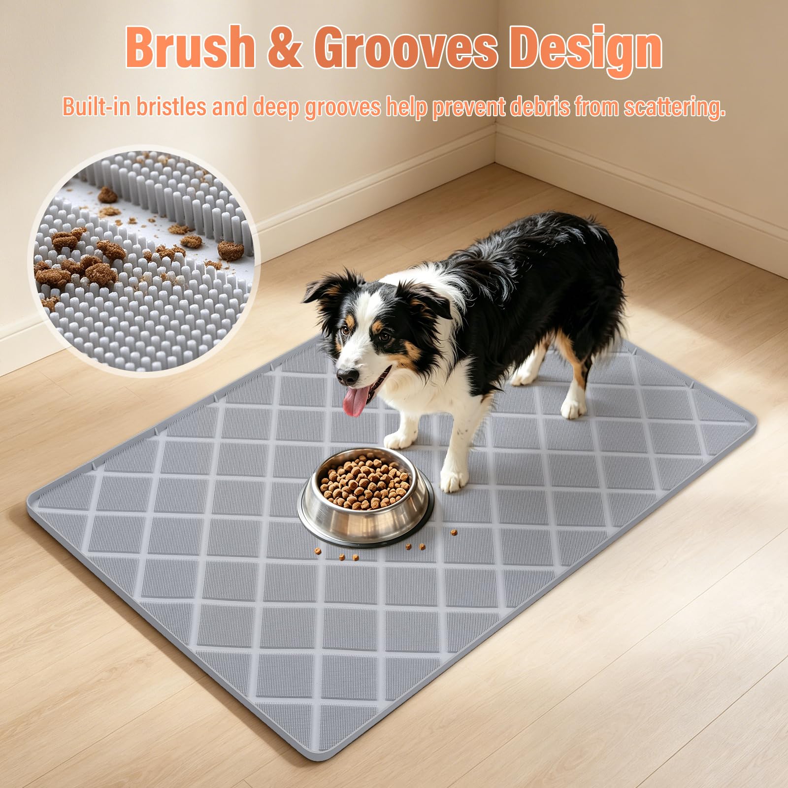 Grand tapis de gamelle pour chien avec brosse Gris 127 x 89 cm