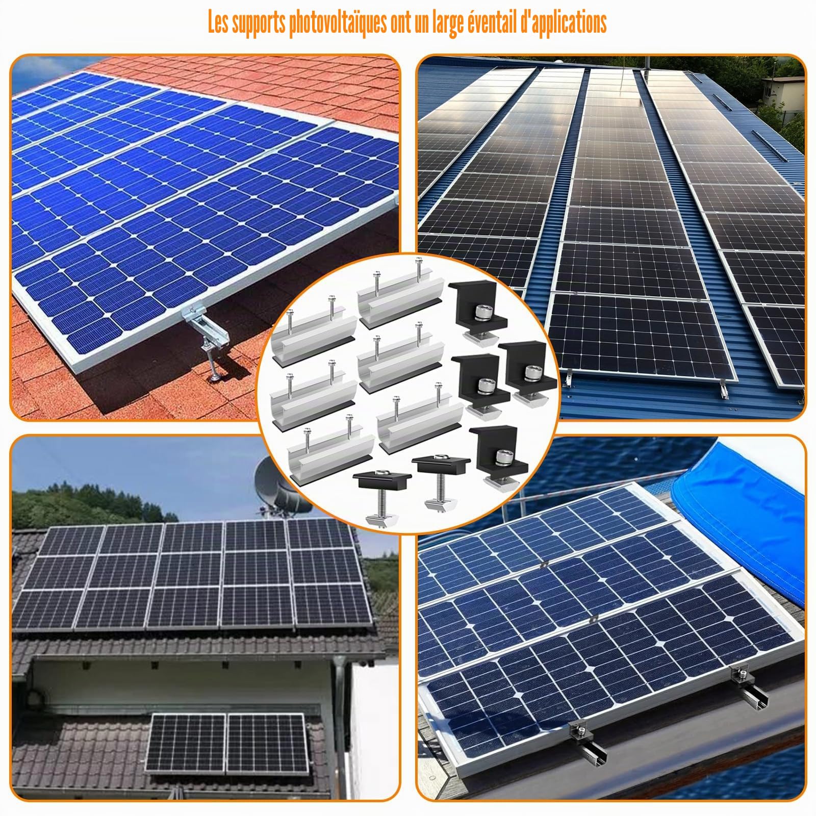 Kit Montage Solaire Aluminium Réglable avec 4 Pinces Extrémité, Supports Panneaux Photovoltaïque, Accessoires Rails Courts Argent 12cm, Support Fixation Solaires pour Toit Plat, Tôle Trapézoïdale