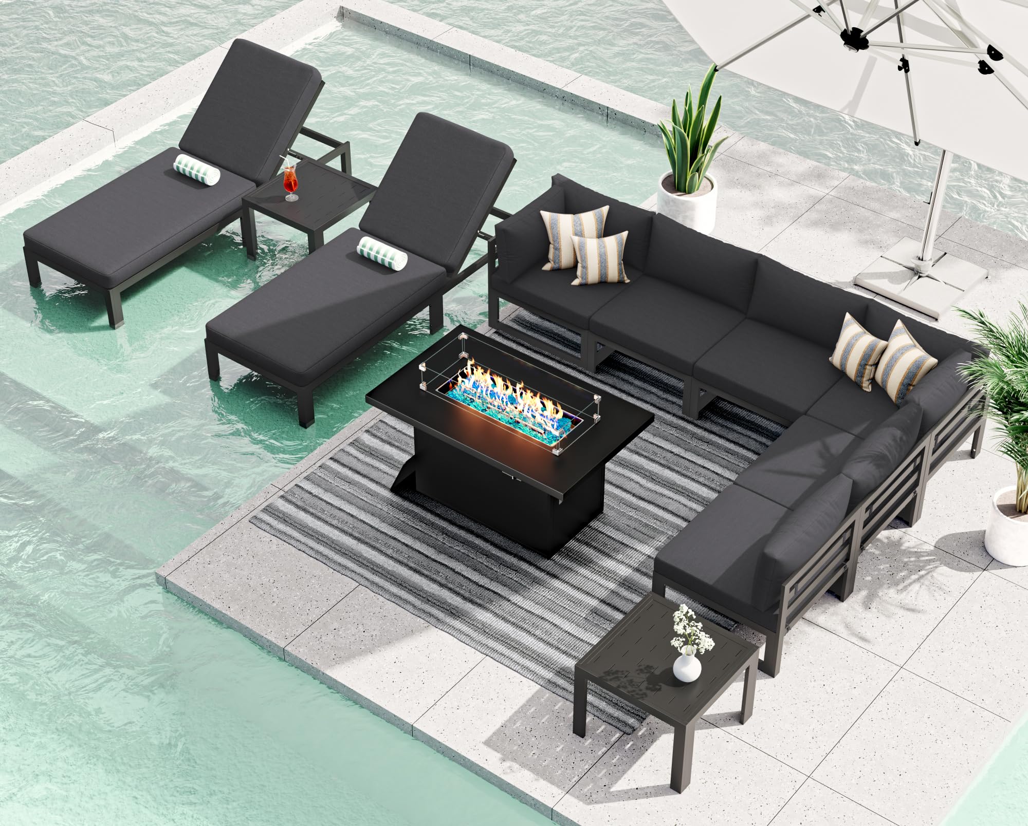 RADIATA Outdoor Aluminum Patio Furniture with Fire Pit Table, Modern Outdoor Patio Furniture Set 11 Pieces, Gray Frame Wide Seat Oversized Sectional