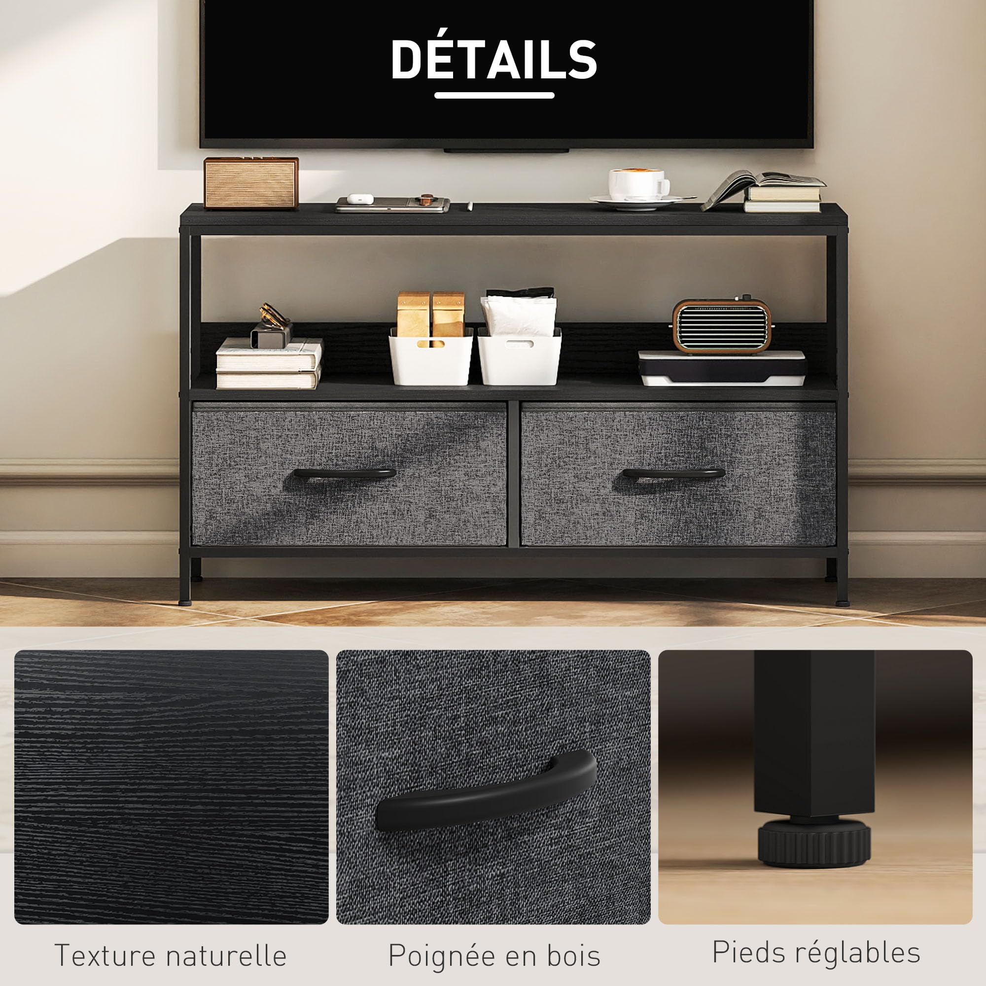 HOMCOM Meuble TV 98 cm pour Téléviseur 47 Pouces Gris Foncé