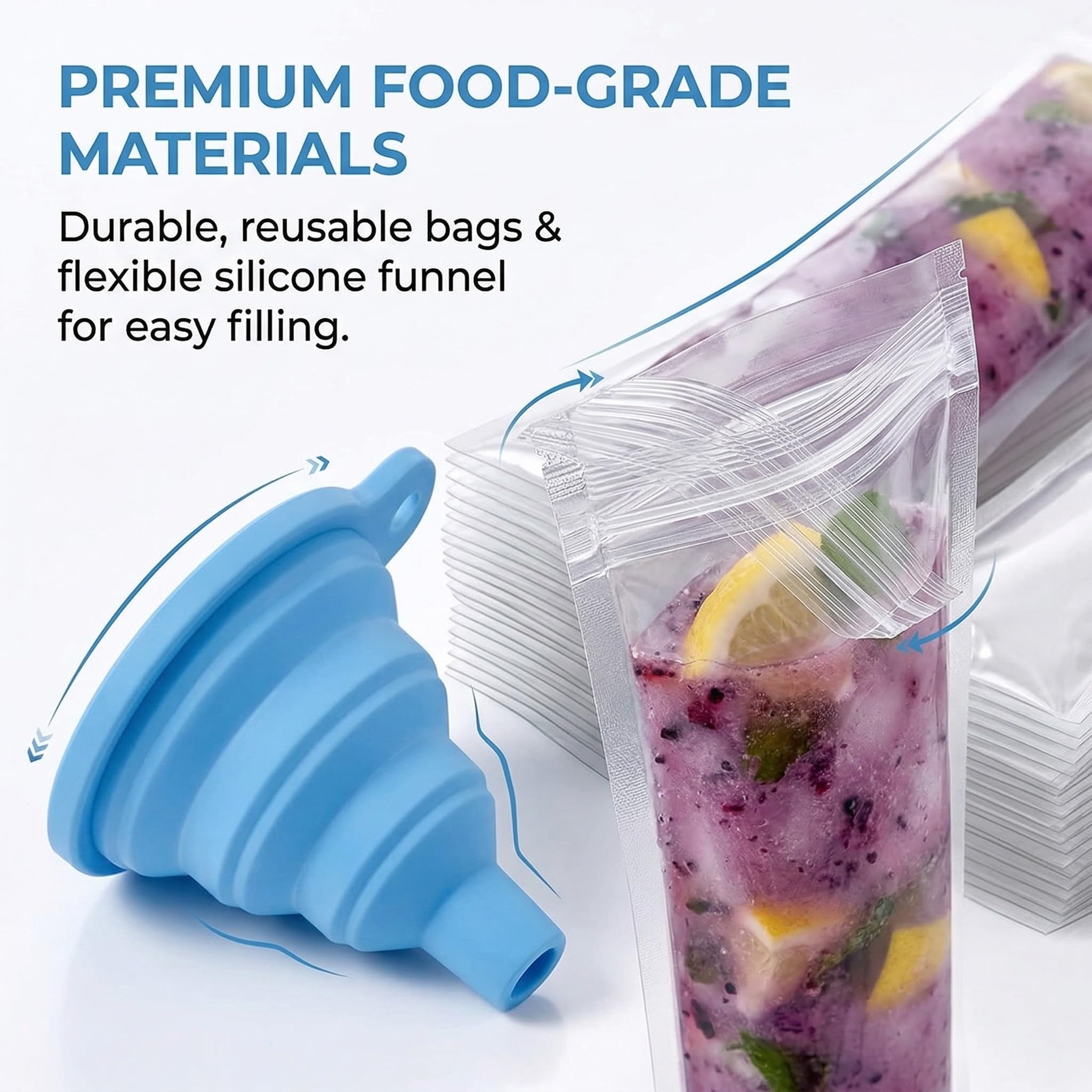 50 Bolsas Reutilizables para Helados Caseros con Embudo, Moldes para Polos de Jugo, Yogur, Smoothies y Helados (5.5x27.5cm)