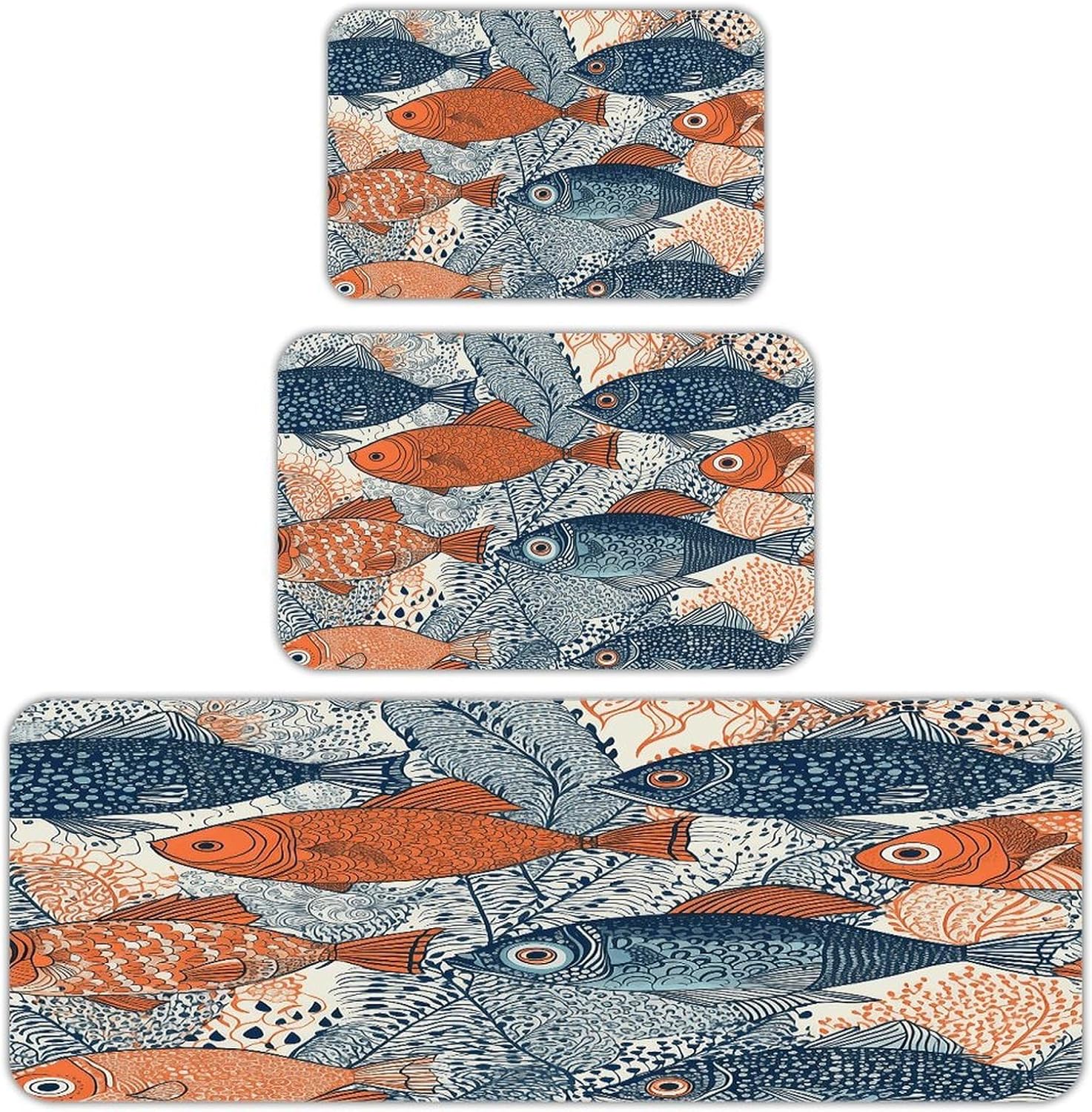 Fish Doodle Pattern Kitchen Mat Set of 3 Waterproof Floor Mats Non-Slip Kitchen Rugs Premium Flannel Rug Heavy Duty Standing Mat for Kitchen Home Bathroom Laundry