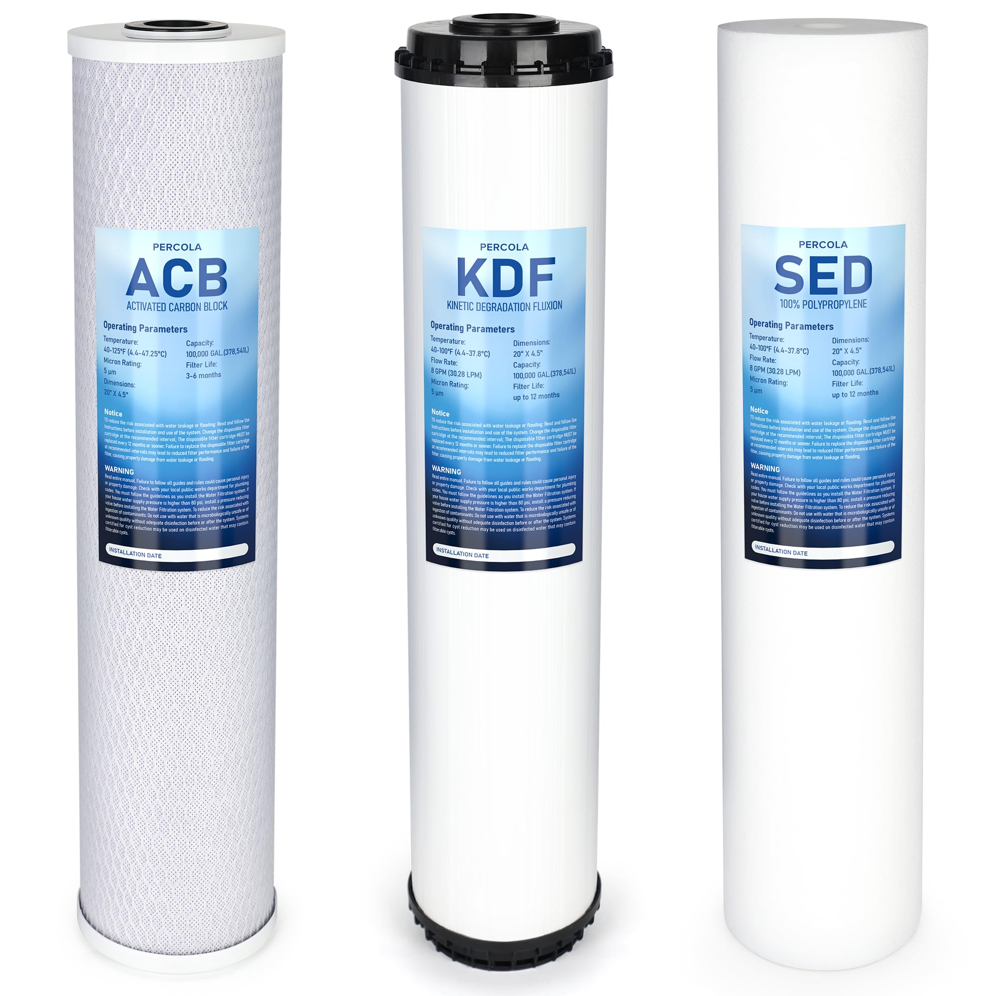 3-Stage Whole House Water Filter Replacement Pack - 20" X 4.5" Sediment, KDF & Carbon Block Cartridges (3-Pack)