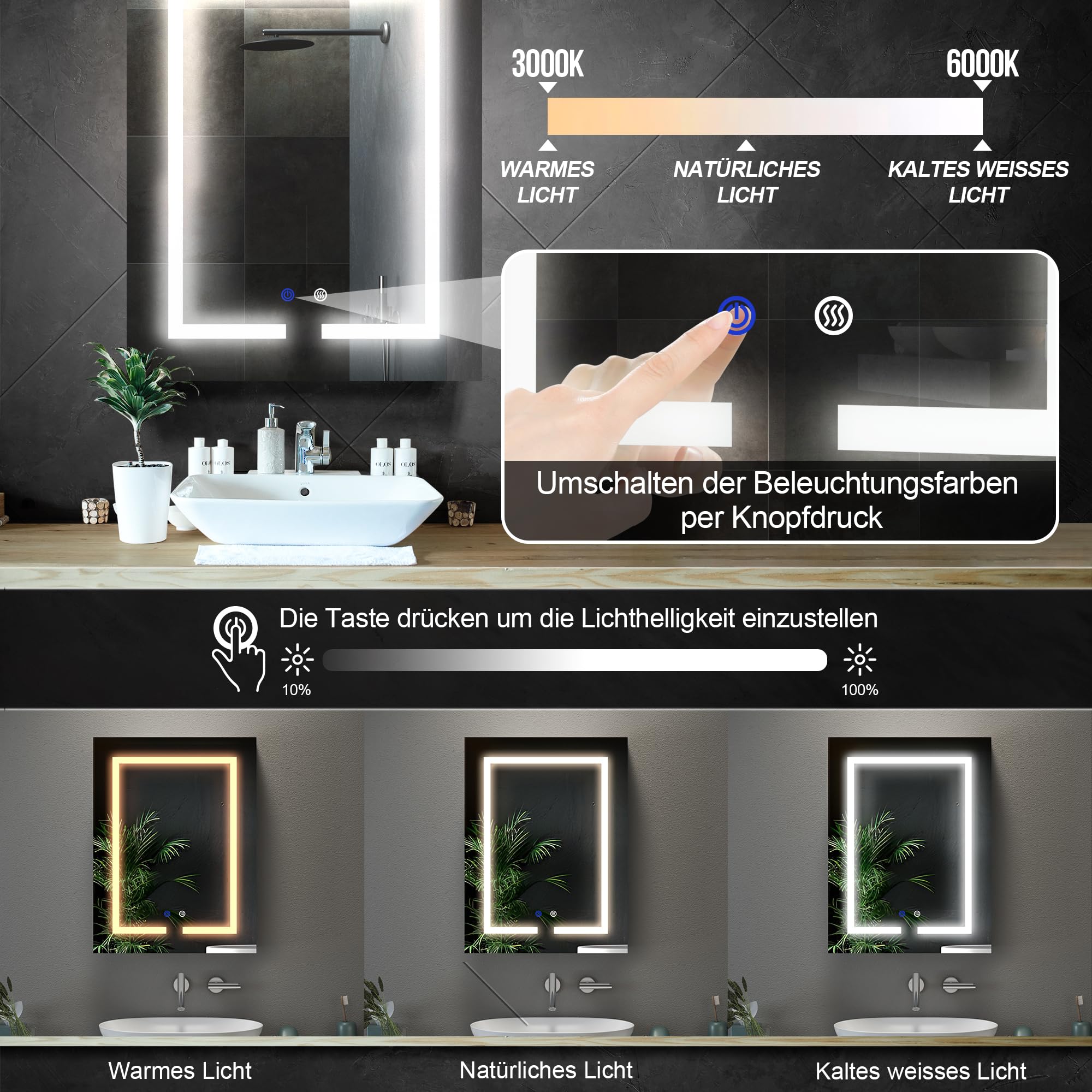 Badezimmer-Spiegelschrank mit LED-Beleuchtung, 3 verstellbares Licht, Spiegelschrank groß mit Ablage und Steckdose, Anti-Beschlag Wandschrank platzsparend, 50 * 66cm, Weiß