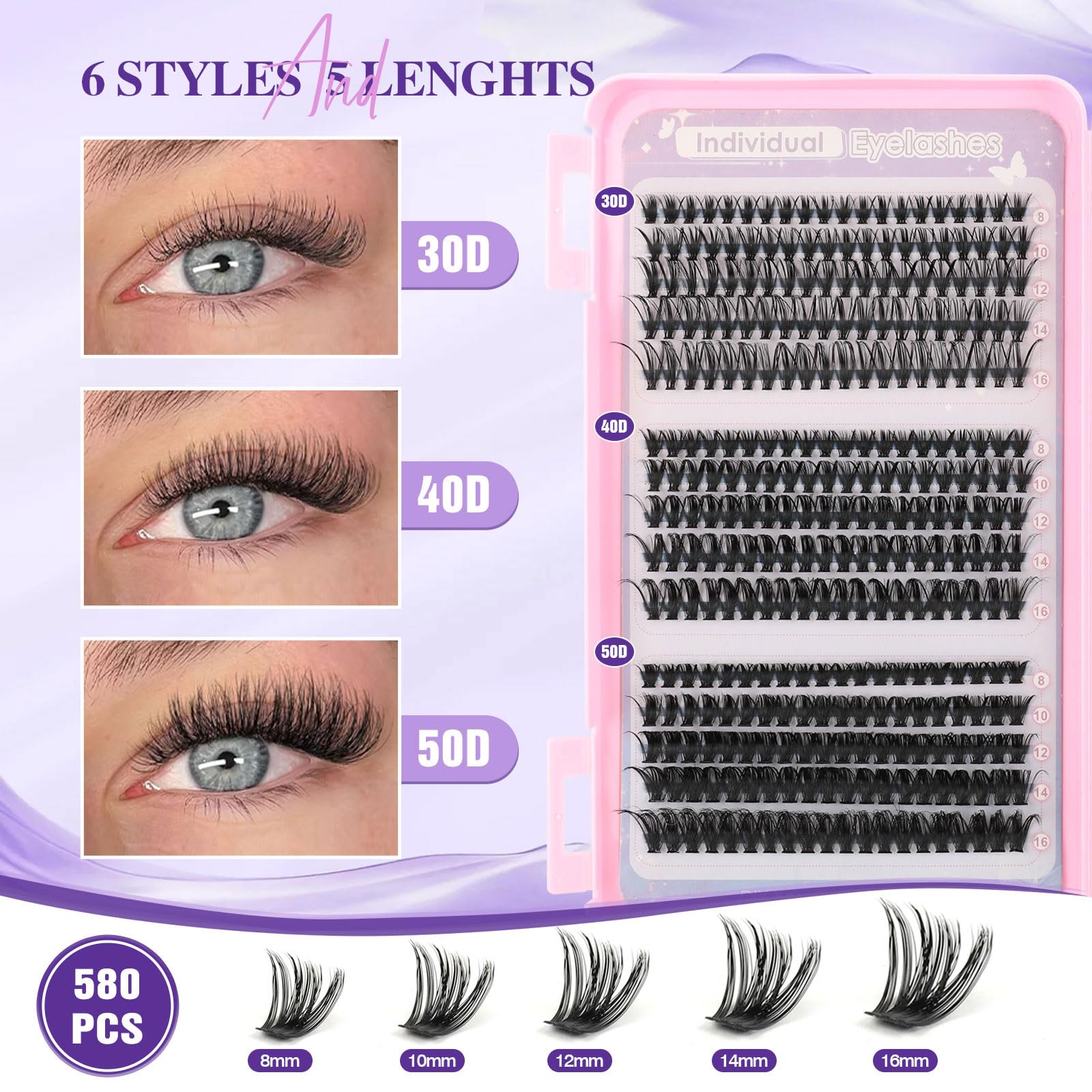 Sixstarhair Cluster Lashes Kit 580Pcs Individual Eyelashes with Bond and Remover D Curl Cluster Lashes Book 8-16mm Wispy Lash Clusters Natural Look DIY Eyelash Extension Kit (30D+40D+50D+60D+80D+100D) - Image 2