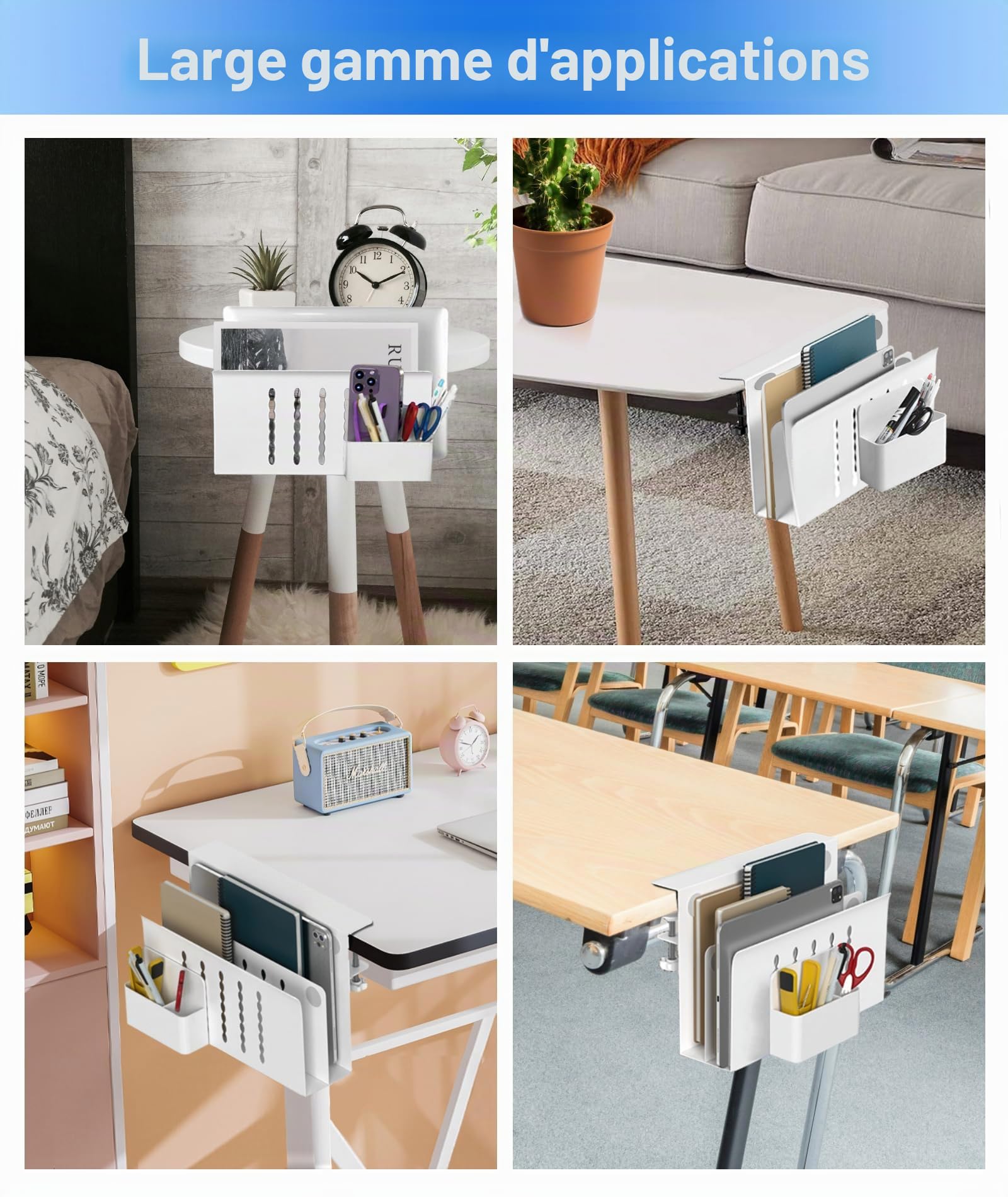 Rangement LatéRal de Bureau, Couche Double Rangement Sous Bureau Avec Porte-Stylo Magnétique Sans Perceuse Compartiment de Gestion Des CâBles en Acier Support pour Ordinateur Portable Maison
