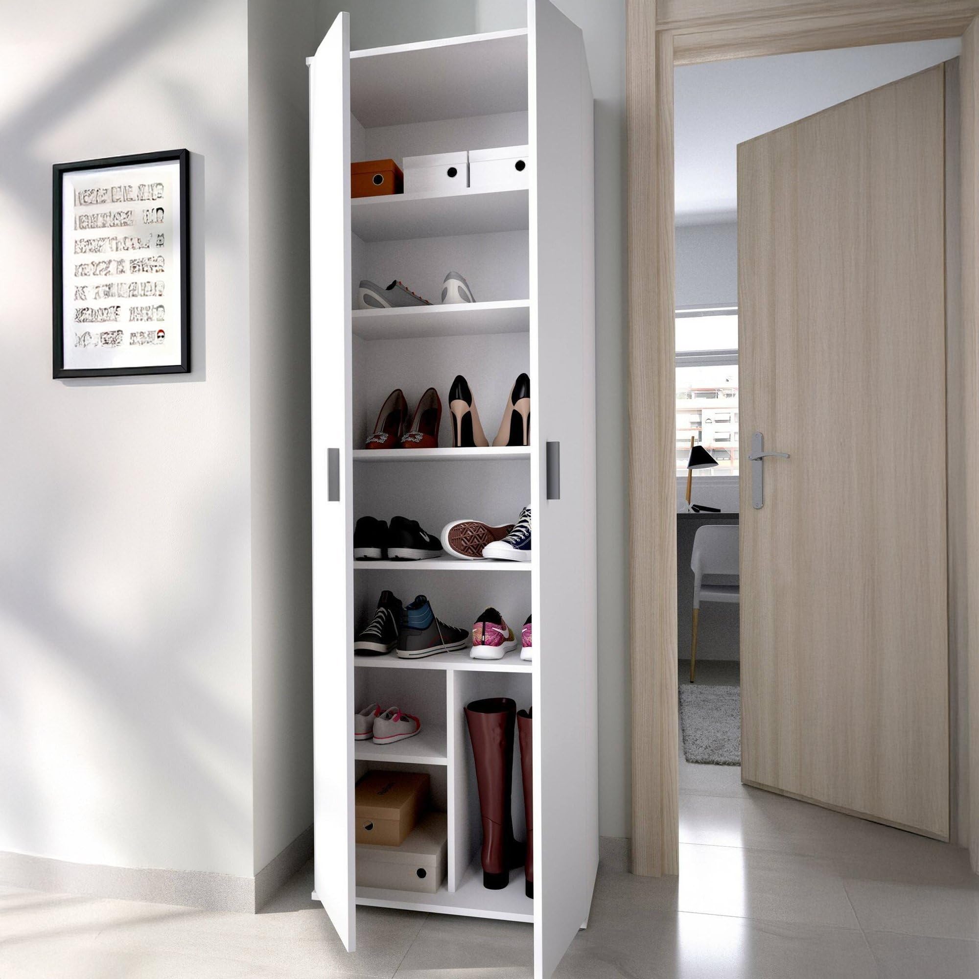 Dmora - Armadio multiuso 2 ante Suretta, Mobile multifunzione portaoggetti, Guardaroba porta scarpe, 61x35h190 cm, Bianco