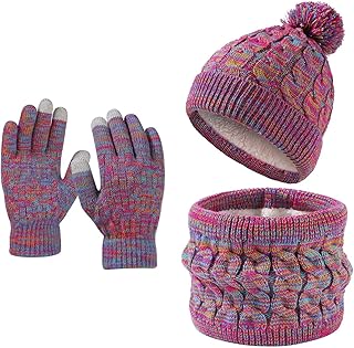 Juego de guantes de invierno para niños 3 en 1, gorro de invierno, bufanda y guantes, gorro de invierno cálido, gorro de invierno para niños de 2 a 7 años, color rojo, Rosa., 20 cm