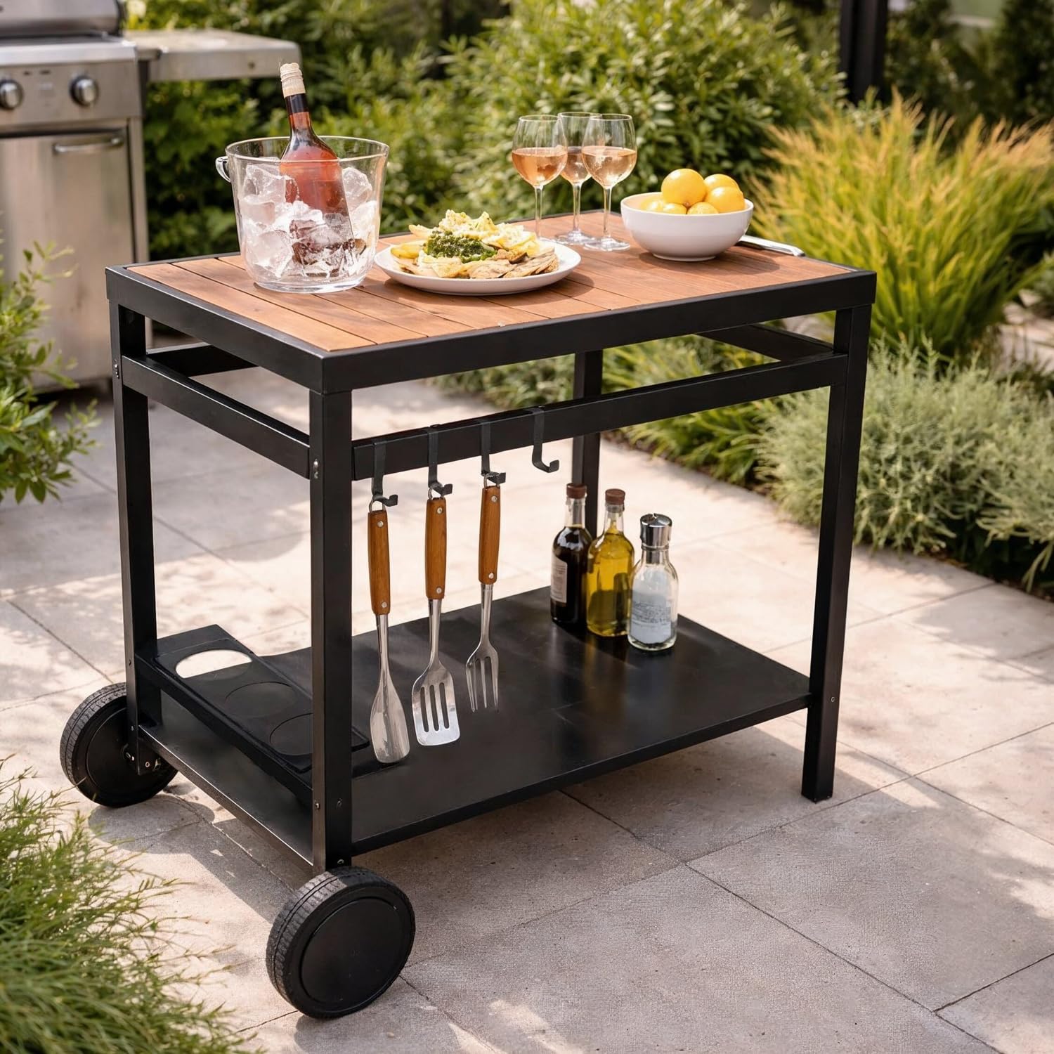 Happy Garden Desserte Aveiro Noire pour Plancha, Acier et Plateau Bois, Roues et Poignée