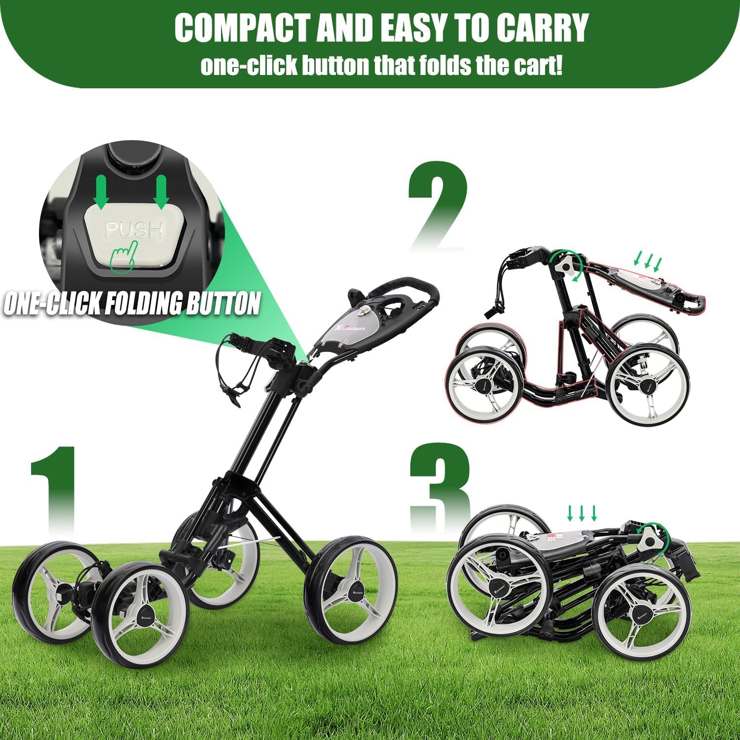 GC53 Stable 4-Wheel Golf Trolley, Compact One-Click Fold Push Cart with Cup Holder, Scorecard Slot & Storage