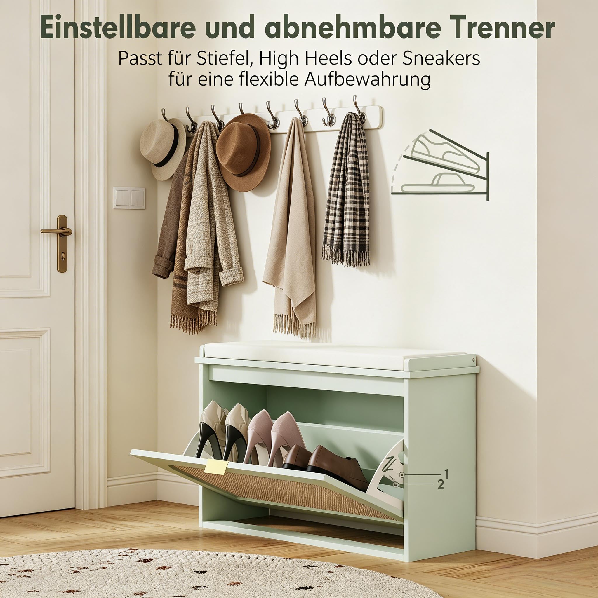 Zapatero de 80 cm, acolchado y compartimento plegable, verde, estrecho, estable, moderno