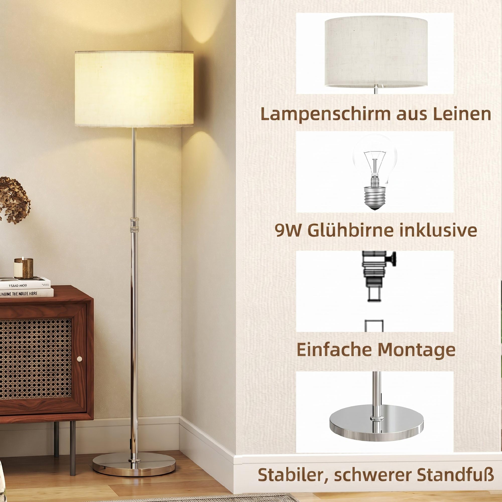 HOMCOM Stehlampe Dimmbar mit Leinenschirm E27 Höhenverstellbar Beige | Szenenmodis, Stehleuchte mit Timer, 3 Farbtemperaturen, Fußschalter, 2,4G Fernbedienung, Standleuchte für Schlafzimmer