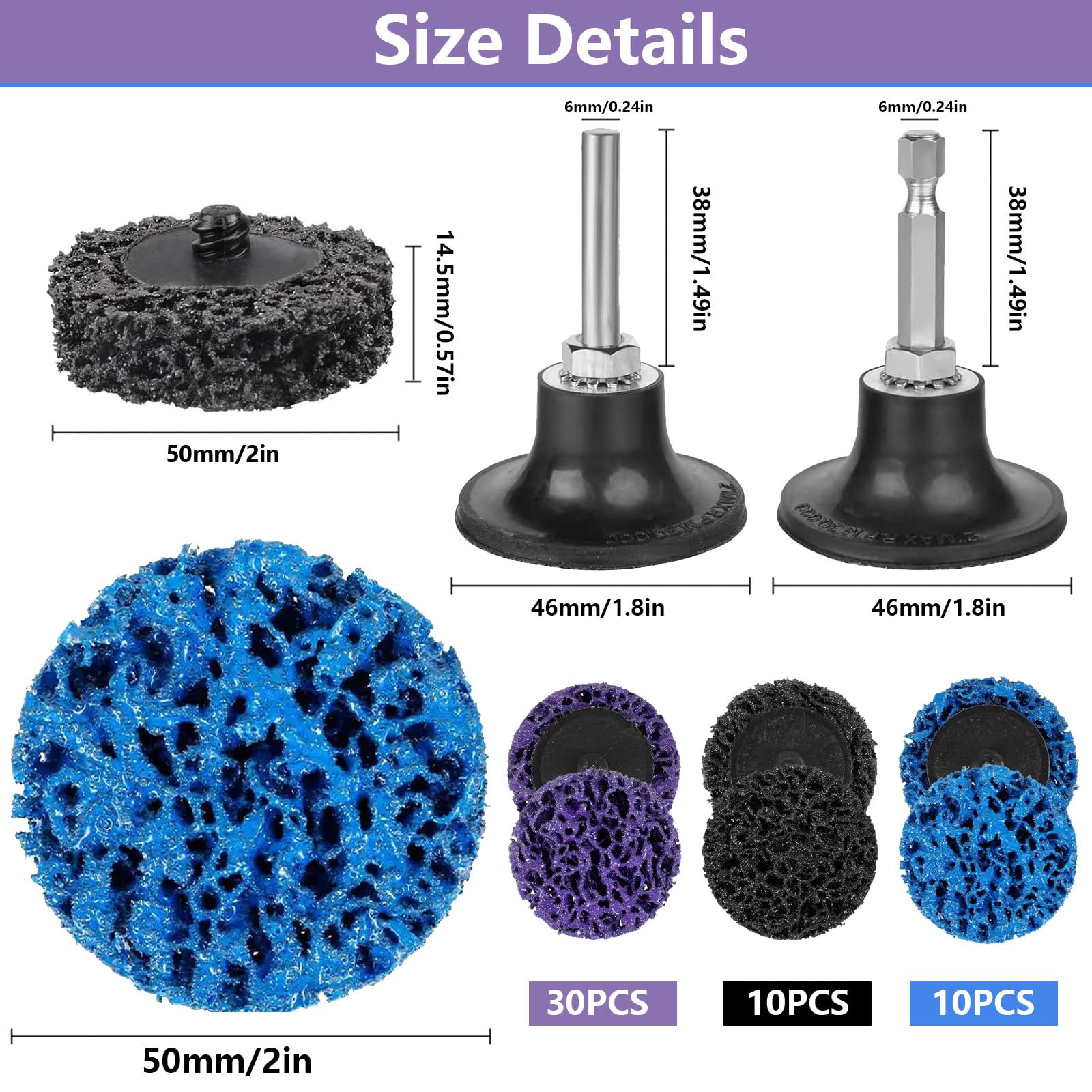 50 Pièces Disque Abrasif 50mm,Disques Abrasifs CSD,Disque Decapage Peinture Petit Disque Poncage per Pour l'élimination des couches de peinture, de la rouille et de l'oxydation(Violet/Bleu/Noir)