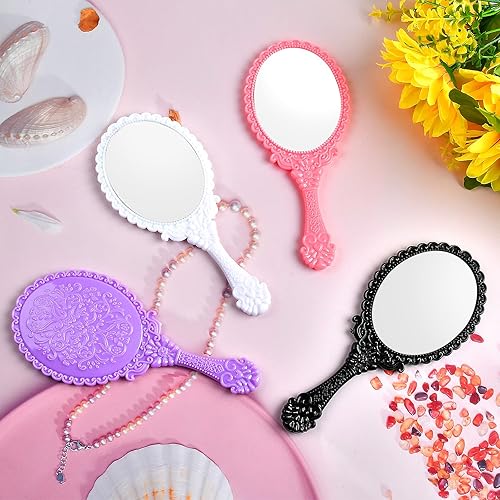 Miniatura 5 de Aemygo Espejo de mano vintage, 40 piezas, espejo de mano retro portátil con asa, espejo de mano ovalado con flor en relieve, bonitos espejos de mano