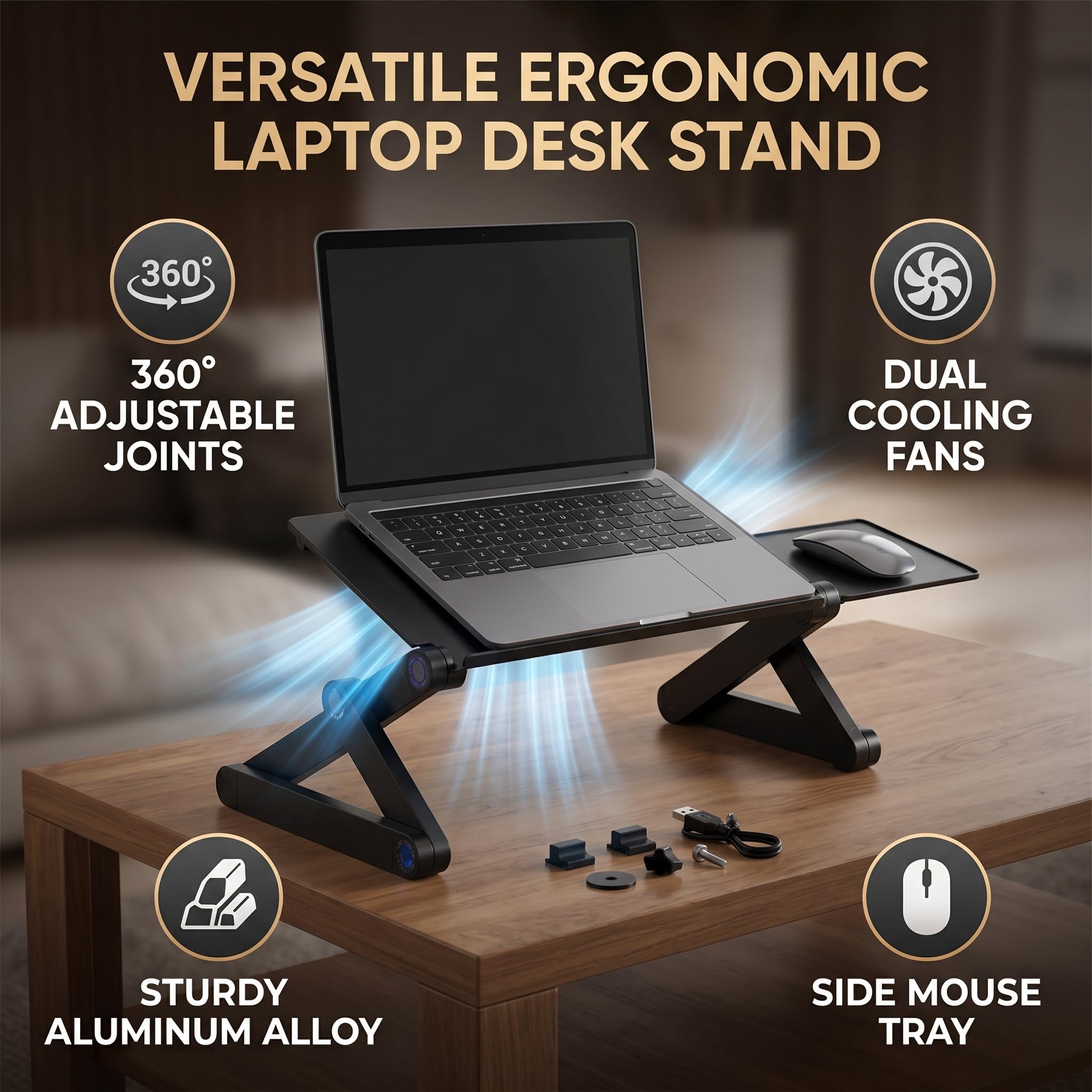 Soporte para Portátil Ajustable 360°, Mesa Plegable de Aleación de Aluminio, con 2 Ventiladores, Carga Máxima 15 kg, Negro