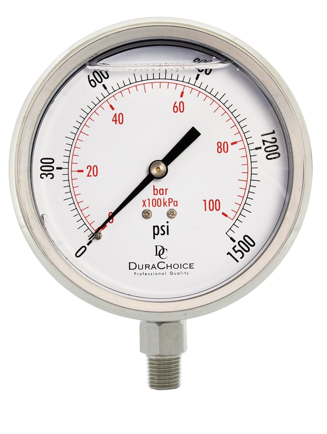 4" All Stainless Steel Oil Filled Pressure Gauge - 1/4" NPT Lower Mount 1500PSI
