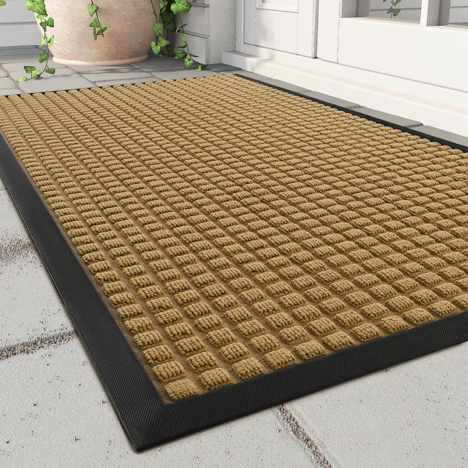 MontVoo Front Door Mat - Outdoor Indoor Welcome Mat, Thick Durable Rubber Backed, Non Slip Dirt Trapper Absorbent - Yellow, 24'x36'