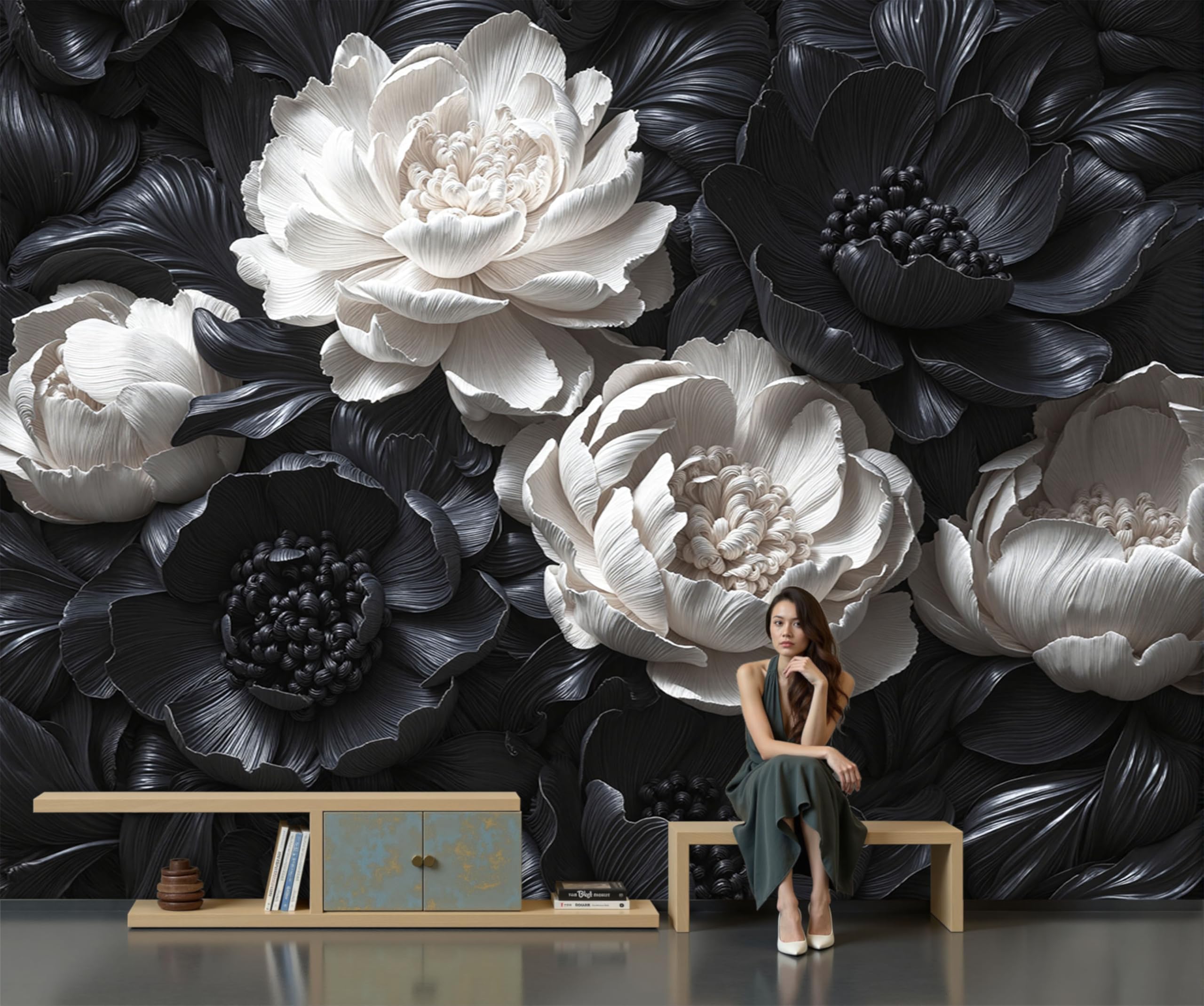 Papier peint panoramique 3D plantes médiévales noir et blanc 400x280 cm